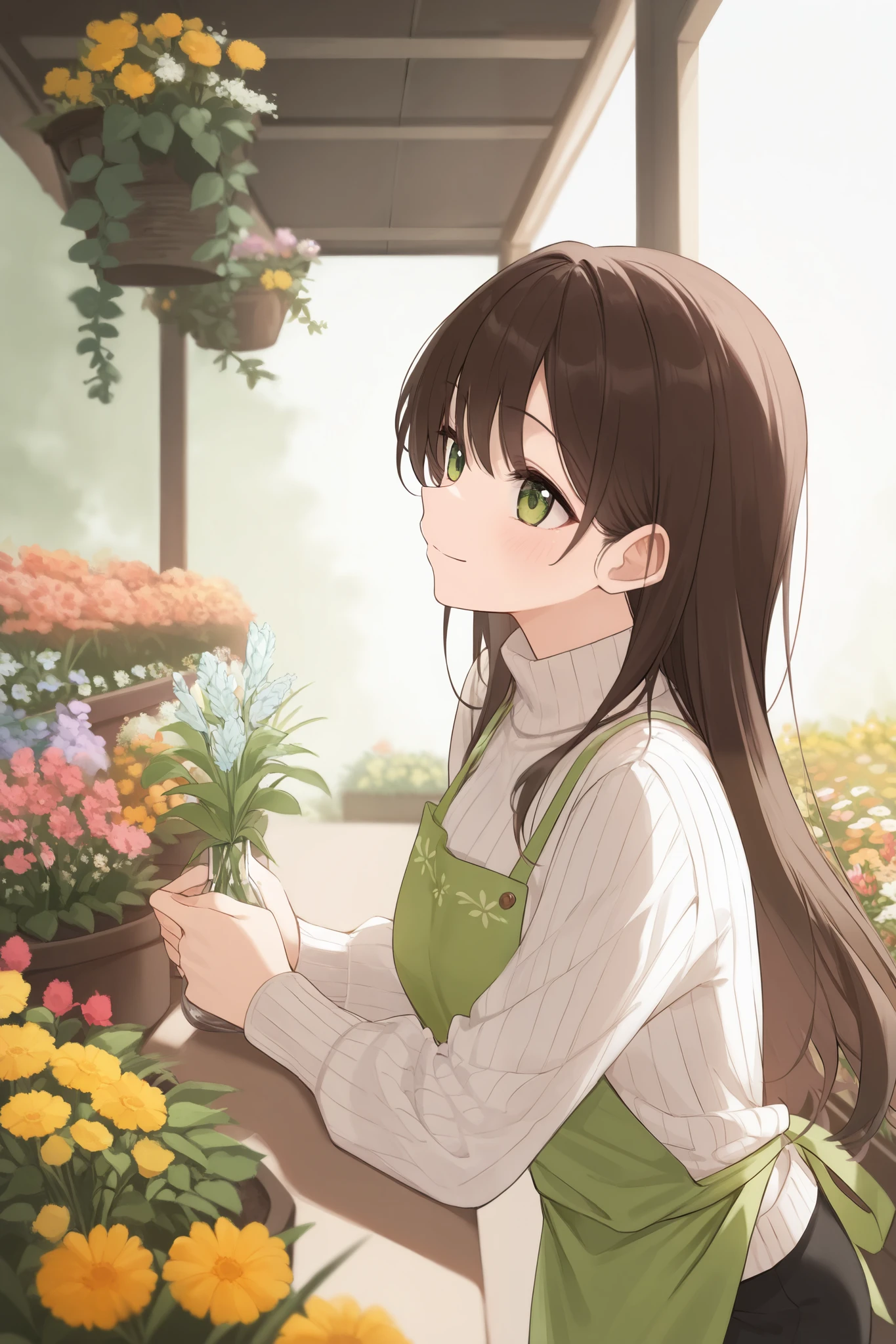 Woman in a Florist's Apron、 dark brown hair、Green Eyes、 long sleeve sweater