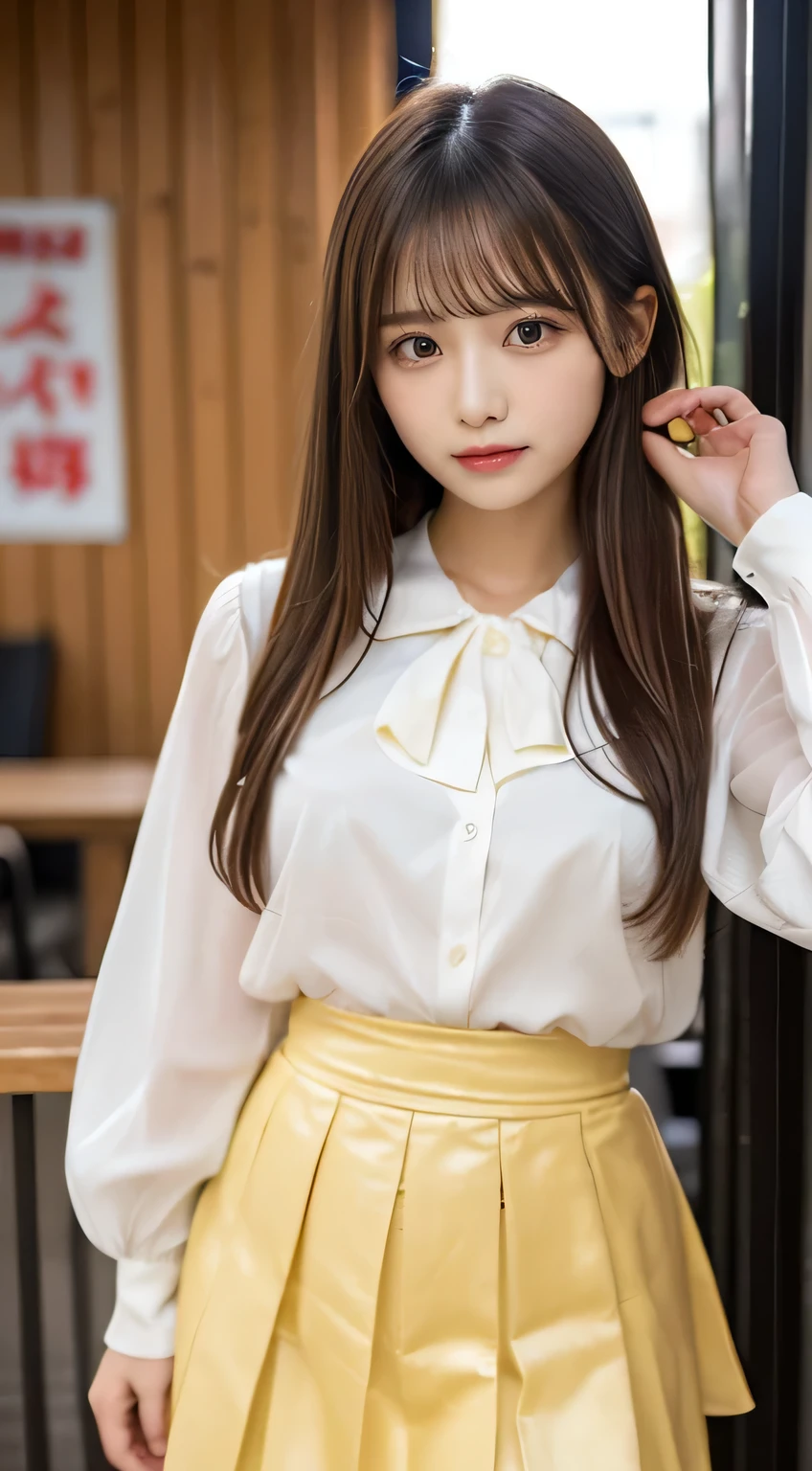 Smile、night、original photography、(((ultimate beauty portrait)))、((sparkling skin))、1 girl、23 year old beautiful girl from Prague、bright expression、((brown hair))、(light brown clothes),(C cup)、(White suspenders)、((Big eyes sparkling like gems))、Clothes slightly open、pantyhose、Glowing and radiant skin、(medium hair)、(silk ponytail)、(standing)、(from below)、under skirt、(from below看内衣的特写)、Eyeliner、beautiful bangs、hair between eyes、((Masterpiece、top quality、Super detailed、lamp、intricate details、high resolution、Very detailed))、background for this、8 kood、digital SLR、soft light、high quality、film grain、富士XT3 、shallow view deep、natural soft light、Kamimei