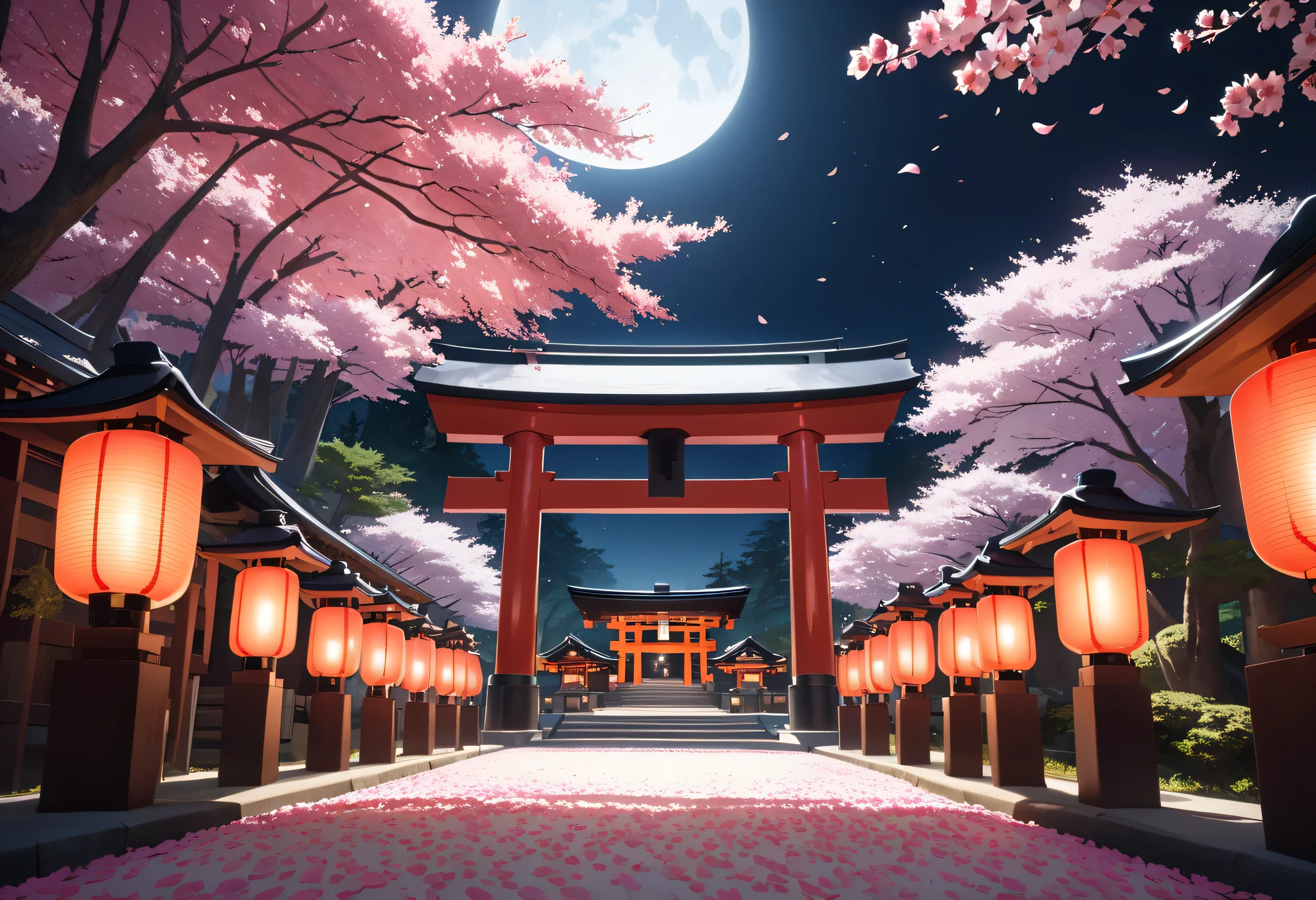 A breathtaking view of a cherry blossom avenue under a full moon. The scene is illuminated by soft, glowing red lanterns hanging from the trees, casting a warm light on the petals below. A tranquil Japanese shrine with a torii gate stands in the background, adding a mystical atmosphere. The air is filled with gently falling sakura petals, and a light mist enhances the dreamlike ambiance. Highly detailed, ultra-realistic textures, cinematic lighting.