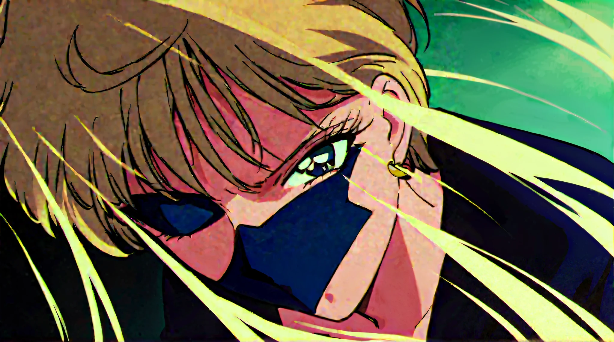 Masterpiece, top quality, very aesthetic, is ridiculous,1990s \( style\), 1 GIRL,Alone, sailor uranus XL, blue swimsuit, blue eyes, short hair,very short hair,1 pair of earrings , blond hair left and right, fear,null,wind,Moonlit Night、Girl with a masked face、