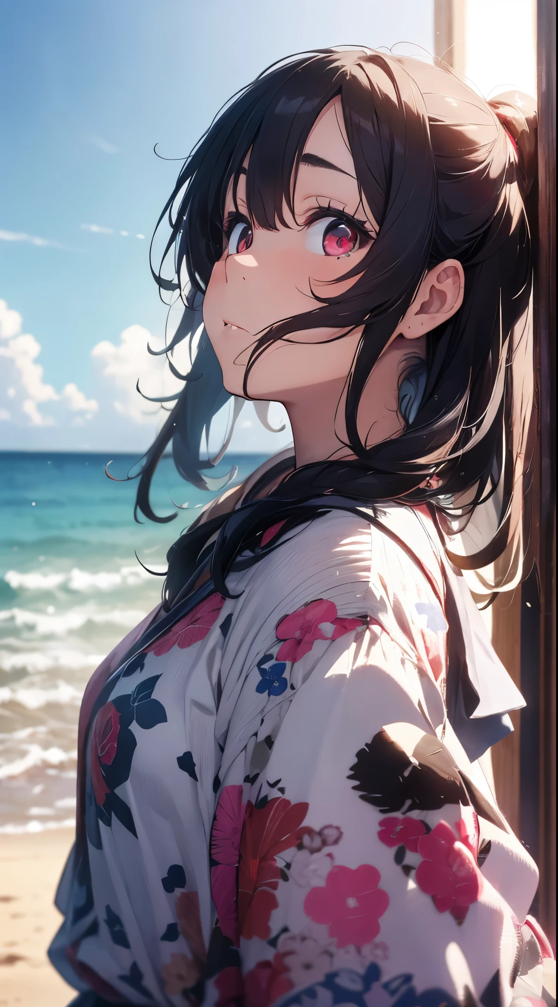 Anime girl with long hair and pink flowers standing on the beach ...