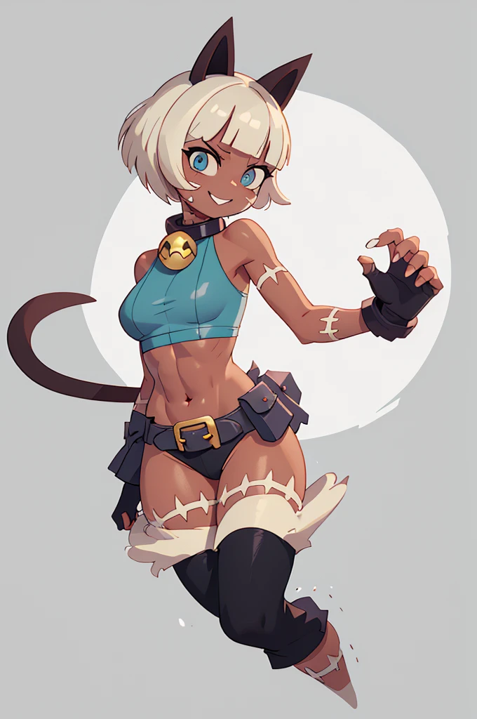 (masterpiece, best quality:1.2), solo, 1girl, sgmsfortune, dark skin, dark-skinned female, smile, looking at viewer, paw pose, bob cut, crop top, fingerless gloves, collar, bell, belt, pouch, cat tail
