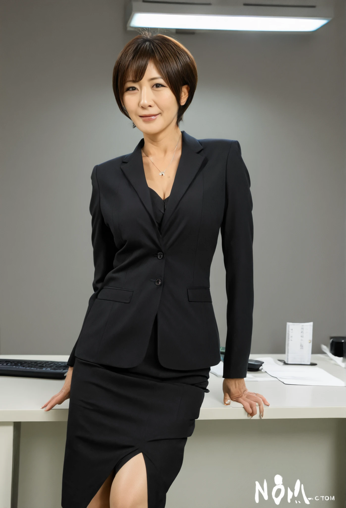  50 years old,  beautiful Japanese woman 、((( real 、 by Nomi、live-action))) 、  very short hair、  black recruitment suit、 When I'm in the office at night  