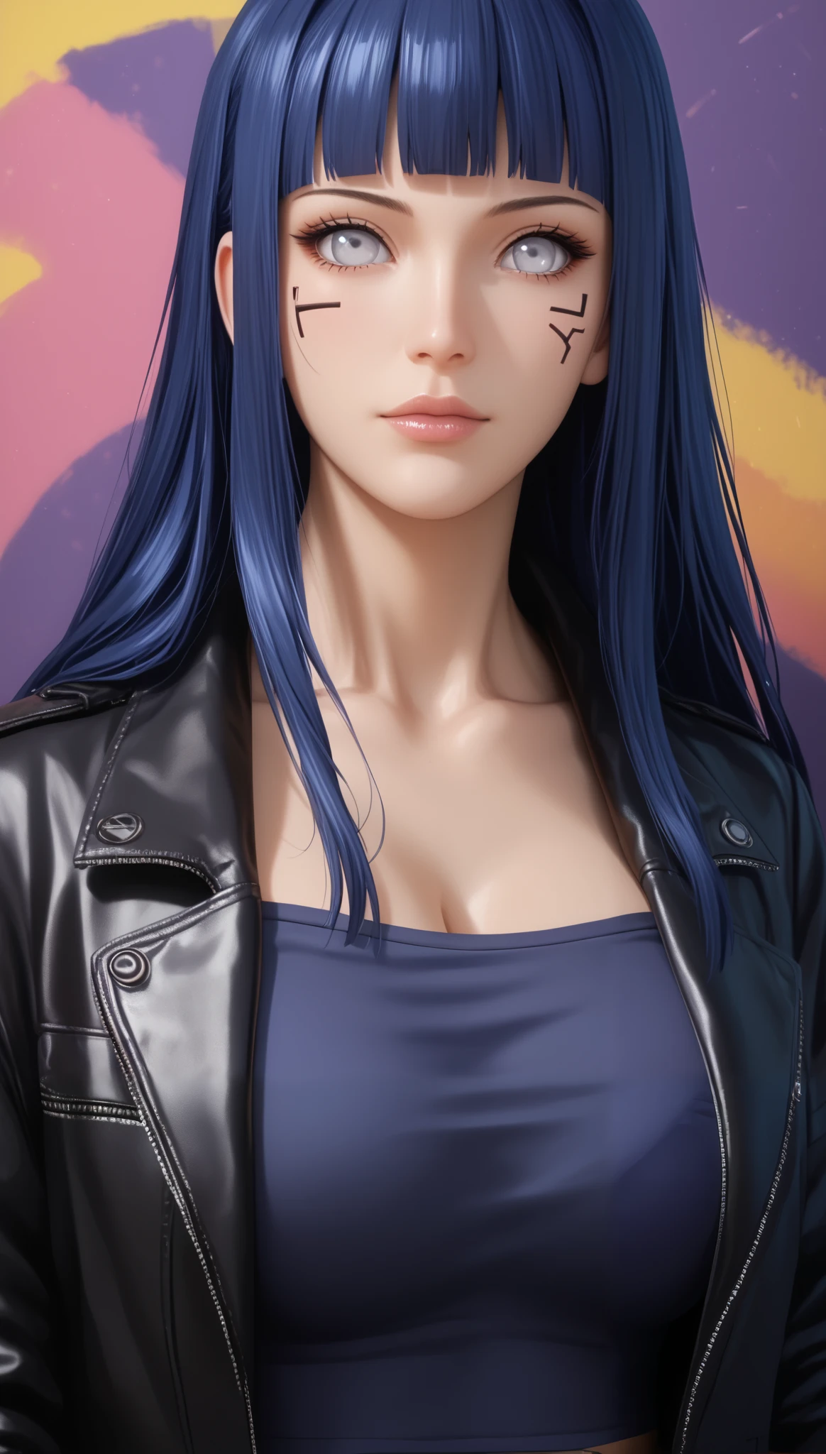 Score_9, Score_8_up, Score_7_up, Score_6_up, Score_5_up, Score_4_up, Source_anime, Tag1, Tag2, Quality_masterpiece, Anatomically correct, Beautiful face, Perfect face, Highly detailed beautiful face and eyes, Attractive face, Detailed face, Delicate facial features, Detailed skin, Large breasts : 1.3, Busty Hourglass Body, Curvy Body, PAWG Body Figures, Sensual woman, Mature female, Milf, Motherly, (((Hinata_Hyūga's))),Dark Blue hair, White Eyes, Official Hime-Cut Hairstyle, Long hair, Abstract, 1 girl, alone, Age 25, PERFECT FACE IN DETAILS, Close view ,(adult), Sexy Woman, stares at viewers, leather jacket, black crop top, cyberpunk, portrait photo, beautiful eyes, cowboy shot, Tattoos Face, cyberpunk art, portrait, At Yakuza Headquarters, ( background is an abstract graffitied wall:1.3), is written in depth