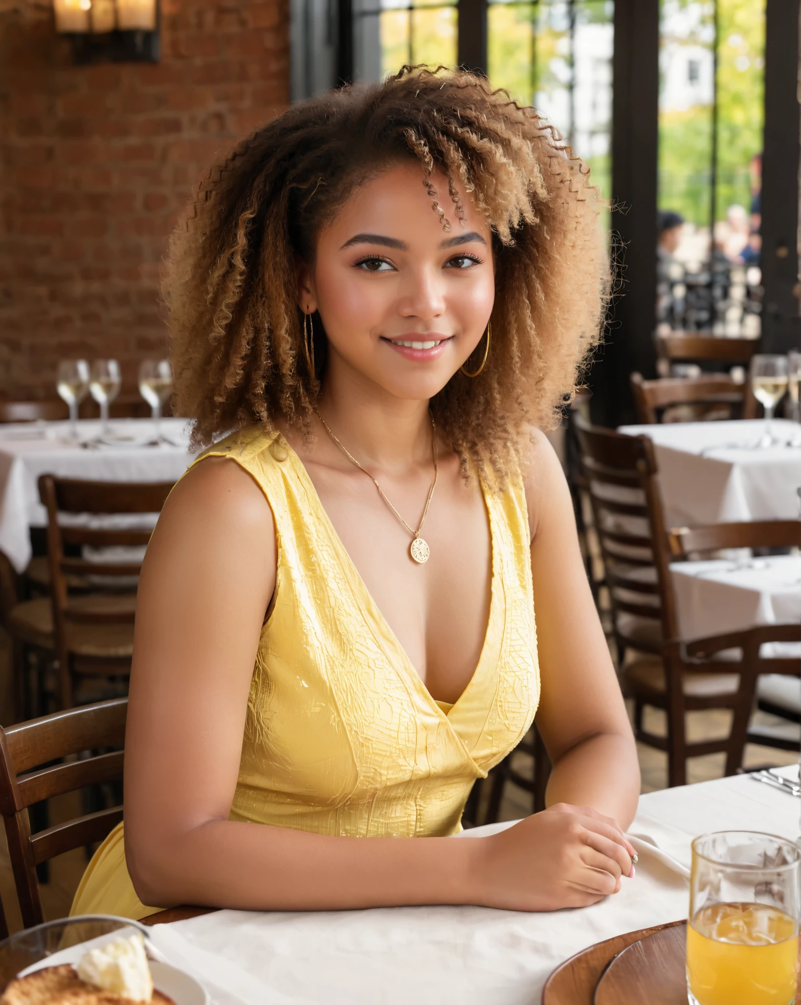 realistic, ultra-realistic, 8K resolution, close-up portrait, soft natural daylight, New York tavern on the green, a mixed-race girl with light brown afro-textured hair, sitting at the dining table, light but warm skin tone, slightly darker than average German tone, bright green eyes, a pale yellow dress, light smile, soft eyes, warm and inviting expression, soft shadows, natural and serene, anatomically accurate, athletic figure, clear and smooth skin with a natural glow, soft makeup, wearing a golden necklace, cinematic lighting with soft shadows, vibrant and inviting atmosphere,