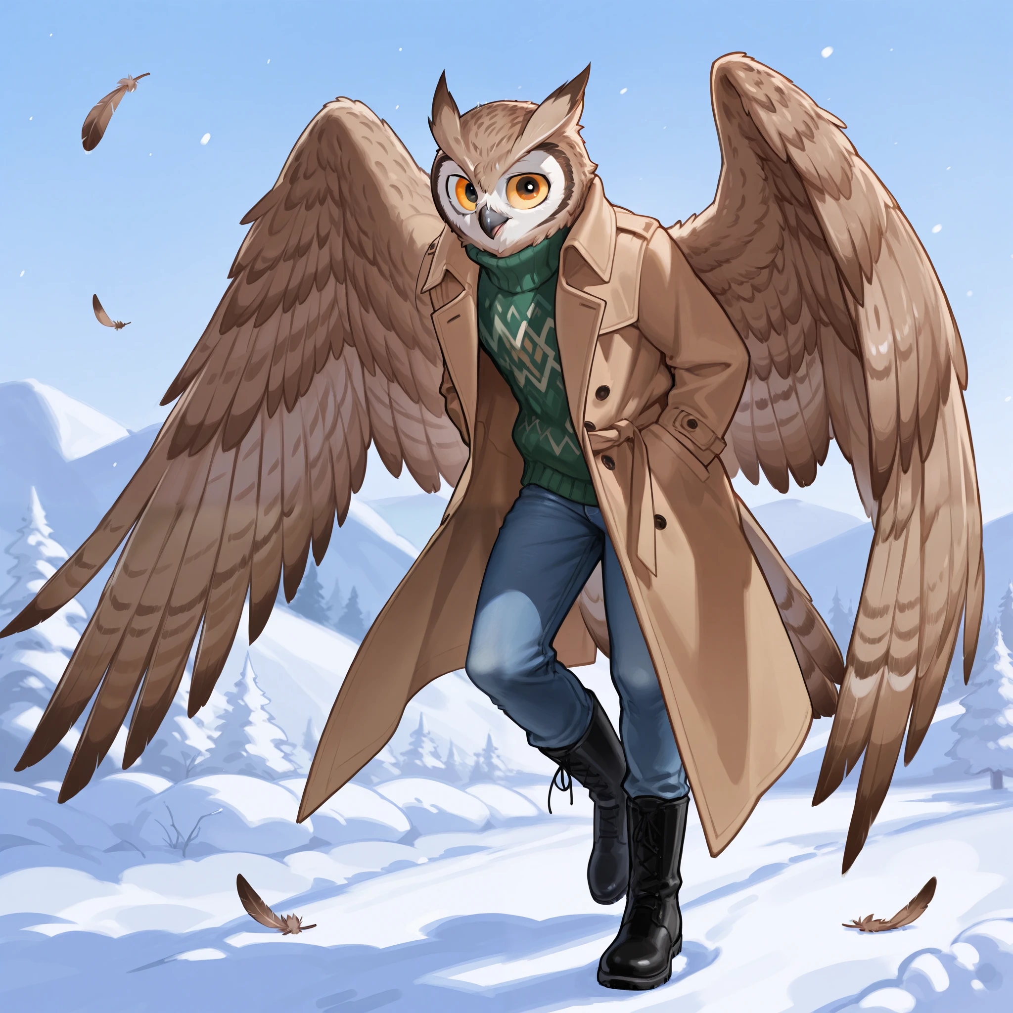 Owl furry, owl, feathers, wings, sweater, trench coat, jeans, boots, man, masculine, owl features, solo, winter