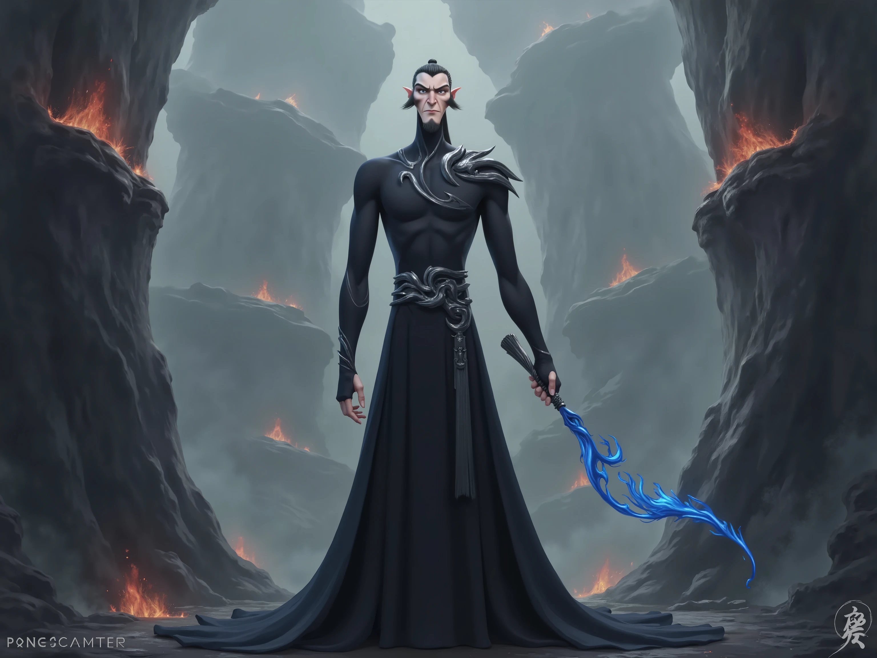 ( masterpiece,  top quality:1.2), Game anime characters,  alone，beard,  Black Robe ,slim。Holding a blue whip in his hand。Kung Fu Action ，flame，cliff，Ominous clouds，Grand scene，Large game scene
