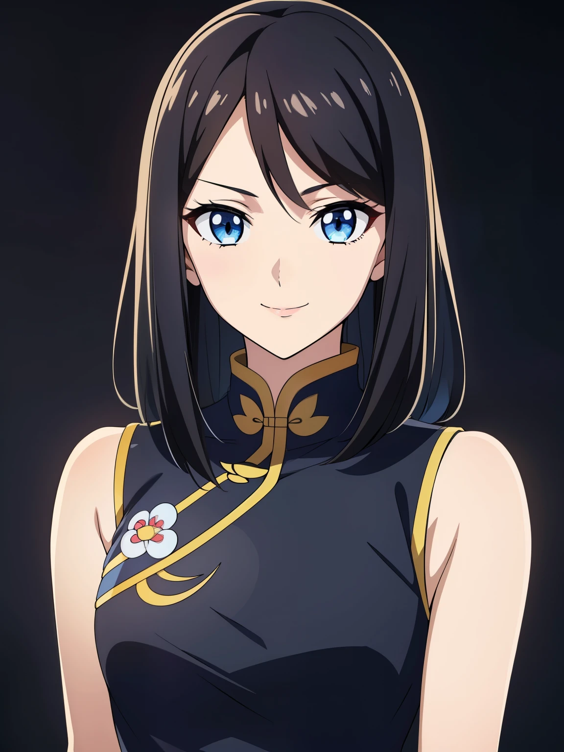(high-quality, breathtaking),(expressive eyes, perfect face) 1girl, female, solo, black hair, medium hair length, blue eyes, cute smile, positive expresion, Gundam artstyle, black background, portrait, symmetrical eyes, chinese clothes, sleeveless, Embroidered dress, Long Qipao Dress, china dress, hair accessory, pin,