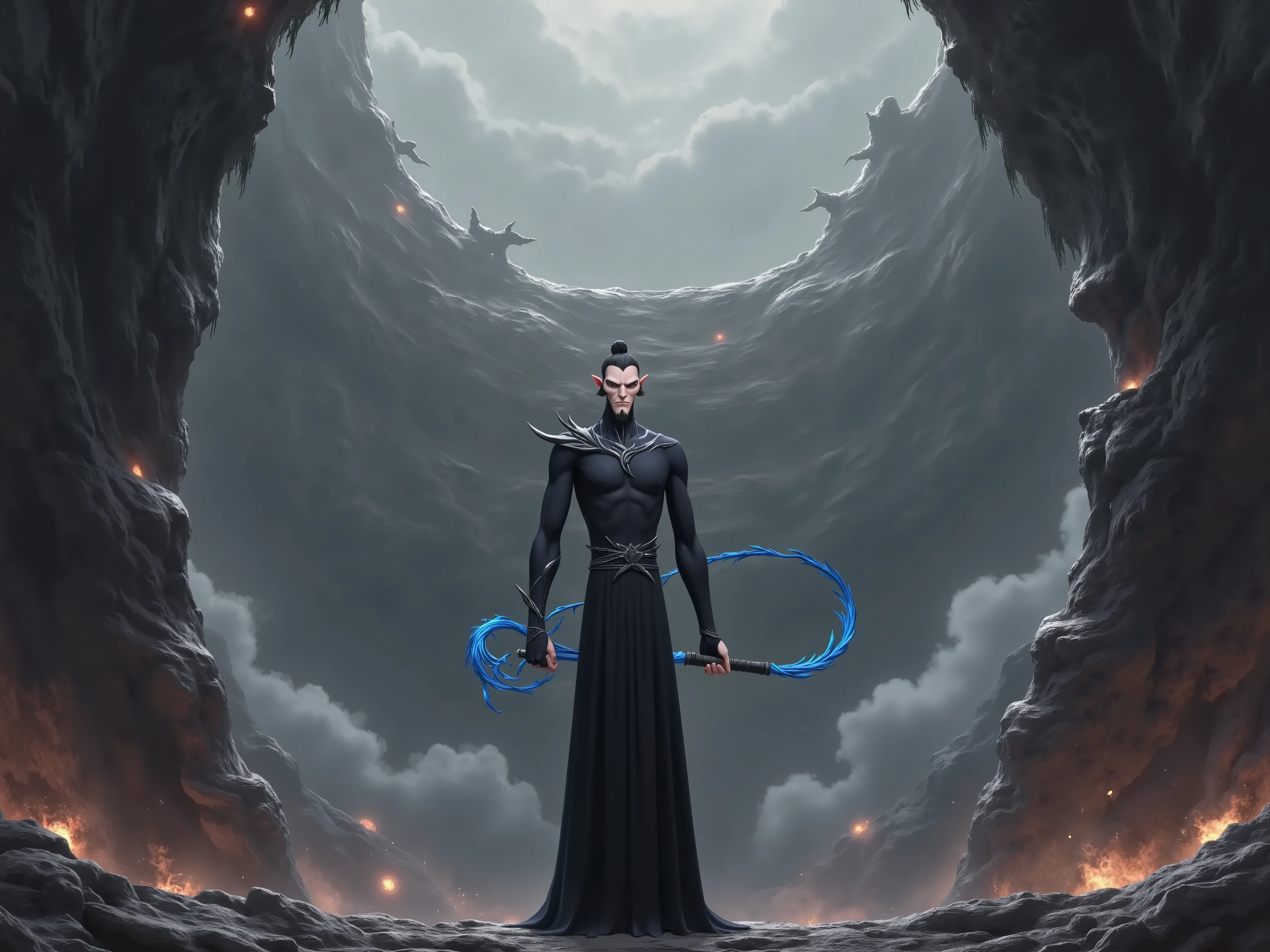 ( masterpiece, top quality:1.2), Game anime characters, alone,beard, Black Robe ,slim。Holding a blue whip in his hand。Kung Fu Action ,flame,cliff,Ominous clouds,Grand scene,Large game scene