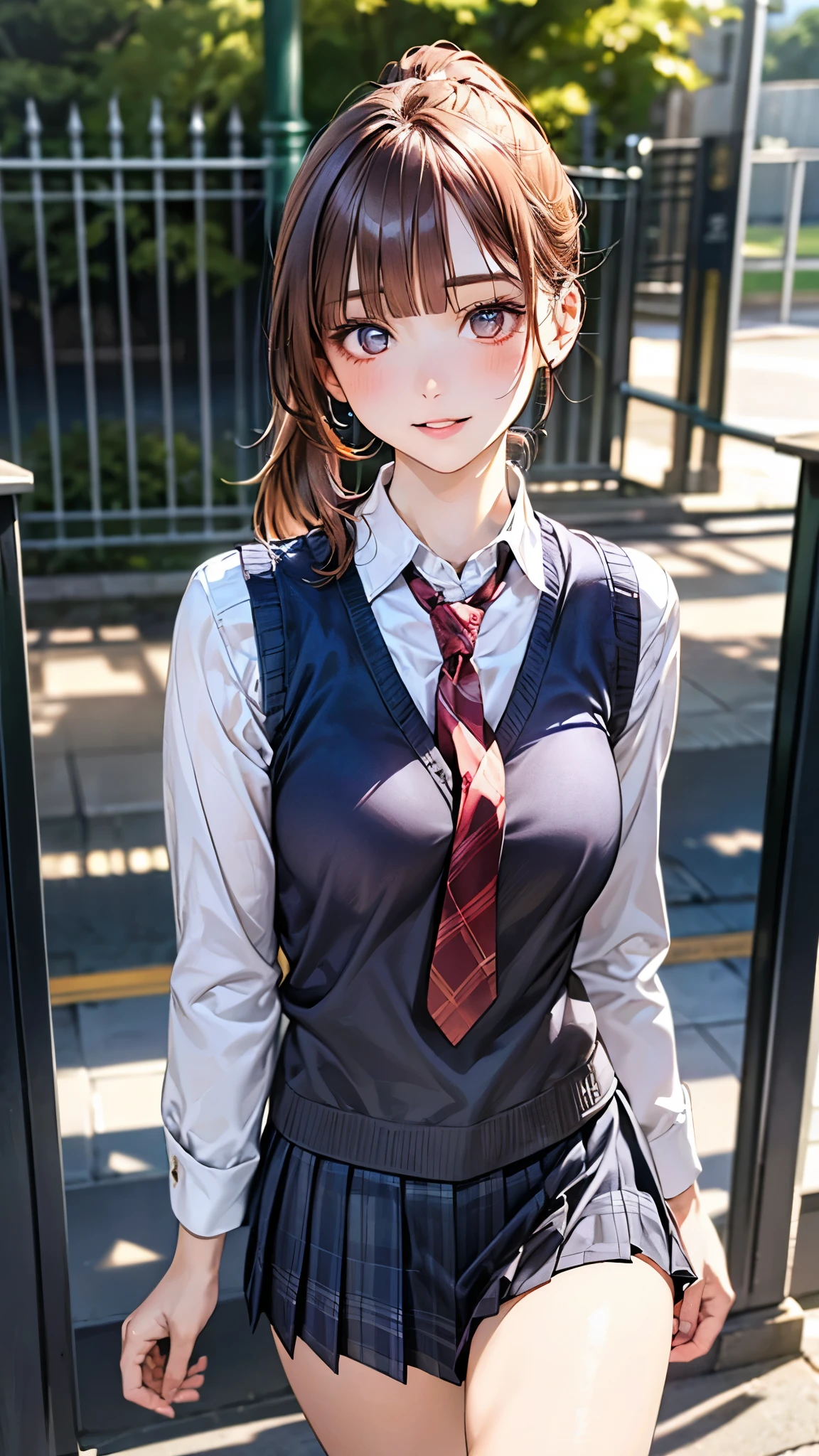 (masterpiece:1.2, top-quality), (realistic, photorealistic:1.4), beautiful illustration, (natural side lighting, movie lighting), nsfw,
looking at viewer, cowboy shot, front view:0.6, 1 girl, japanese, high school girl, perfect face, cute and symmetrical face, shiny skin,
(long hair:1.8, side ponytail:1.7, sidelocks, light pink hair), parted bangs, red eyes, long eye lasher, (large breasts:0.8, thick thighs),
beautiful hair, beautiful face, beautiful detailed eyes, beautiful clavicle, beautiful body, beautiful chest, beautiful thigh, beautiful legs, beautiful fingers,
((((long sleeve)), white collared shirts, navy pleated mini skirt, black socks, brown loafers, red bow tie, pastel pink sleeveless knitted vest)), pink panties,
(beautiful scenery), evening, riverside, walking, (lovely smile, upper eyes),