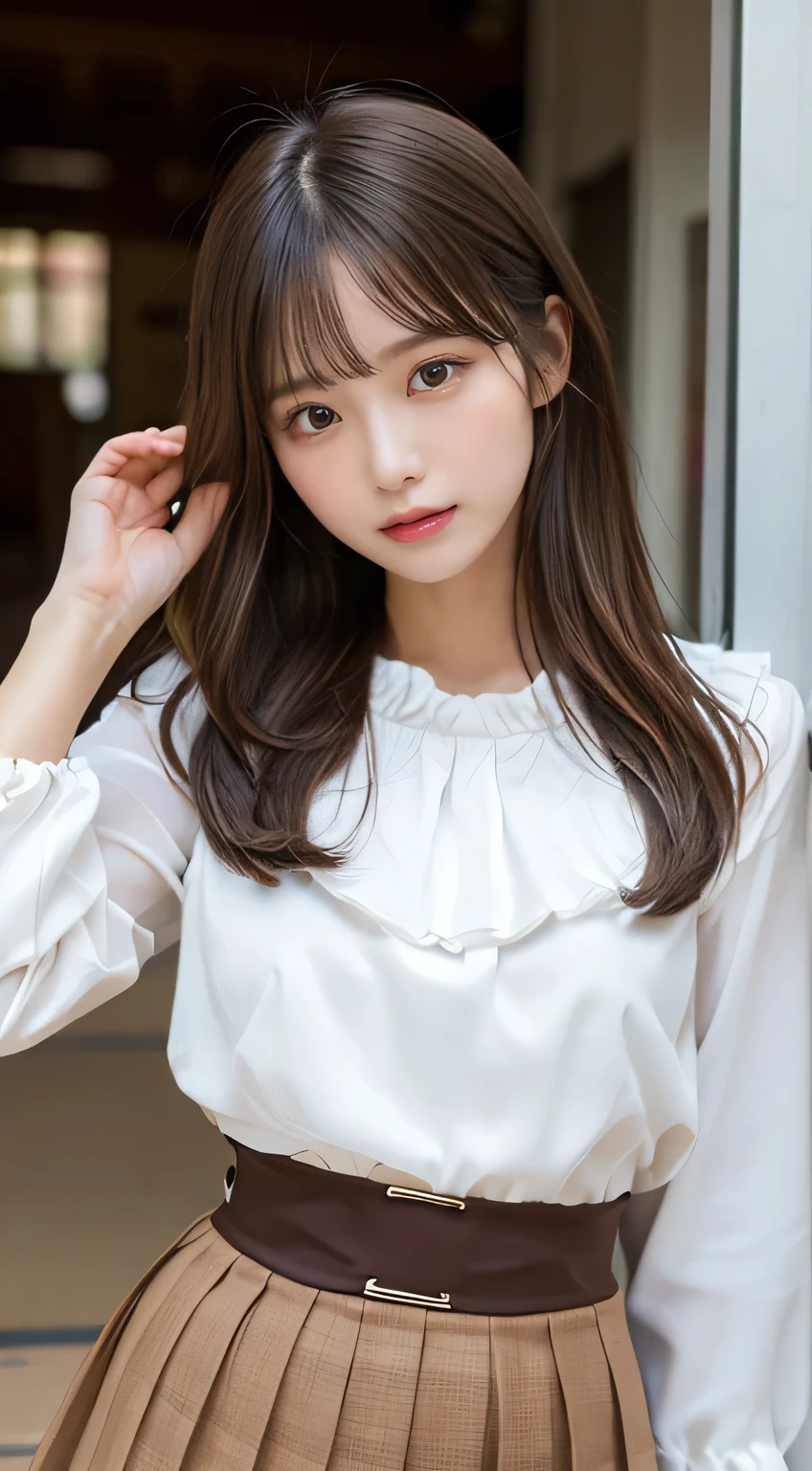 top-quality、​masterpiece、hight resolution、1girl in、独奏、Raw photo、Real person、Detailed skin、japanes、brawn hair、thin bunches of bangs、Medium hair、curly hair、Floating hair、fullllbody,cropped shirt、White Room、by the window