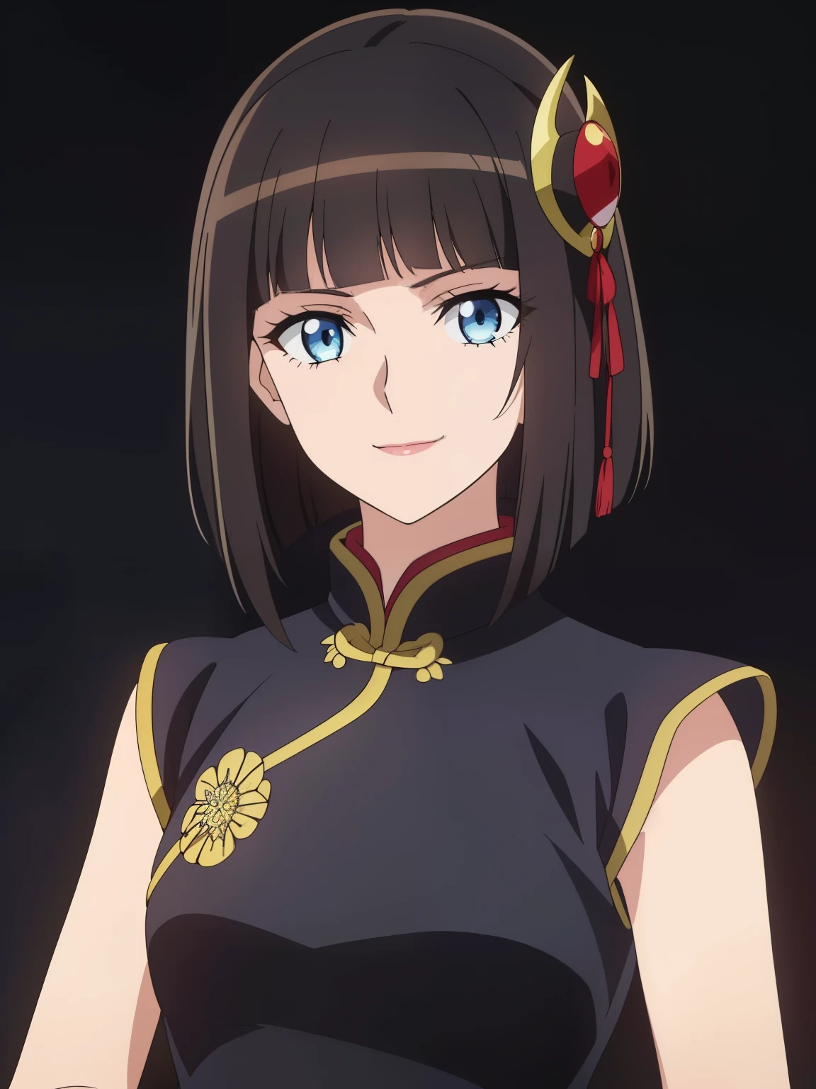 (high-quality, breathtaking),(expressive eyes, perfect face) 1girl, female, solo, black hair, medium hair length, blue eyes, cute smile, positive expresion, Gundam artstyle, black background, portrait, symmetrical eyes, chinese clothes, sleeveless, Embroidered dress, Long Qipao Dress, china dress, hair accessory, pin,