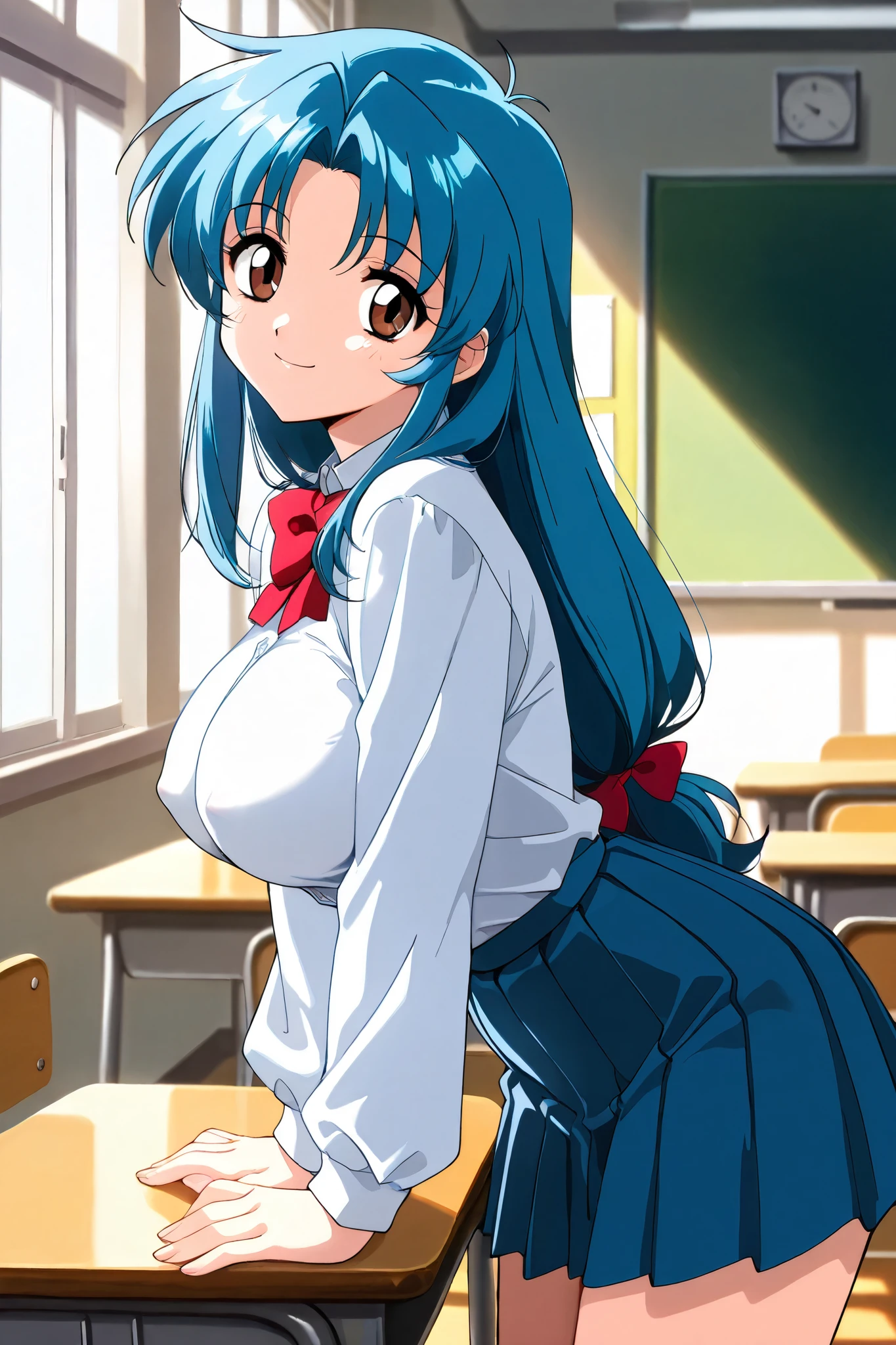 upper body,cowboy shot,from side,looking viewer,classroom,
1girl ,mature_lady,alone, (small face), pubic skin, Of light, charming body,Lewd Curves, large breast,
electile nipples through clothes,
happy smile,head tilt,
anime screencap, anime coloring, 1990s \(style\), shikanamedef, brown eyes, long hair, blue hair, school uniform, pleated skirt, blue skirt, long sleeves, bow,
shikanamerng, brown eyes, long hair, blue hair,
(extremely detailed CG,masterpiece, highres icon,absurdres,4K,f 2. 8 lens),