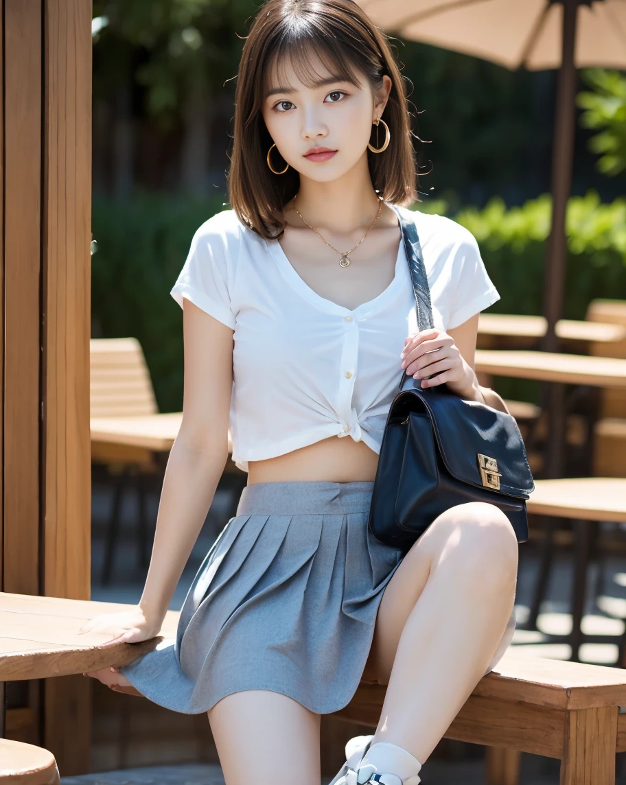 Top quality, ultra high resolution, (photoreal: 1.4), cute, (detailed face), light smile, looking at the camera, full body, white off-shoulder, black mini skirt, beautiful legs, sitting on a bench, bold open legs, white see-through panties visible from the crotch, sunny, river, (cherry blossom), blue sky,