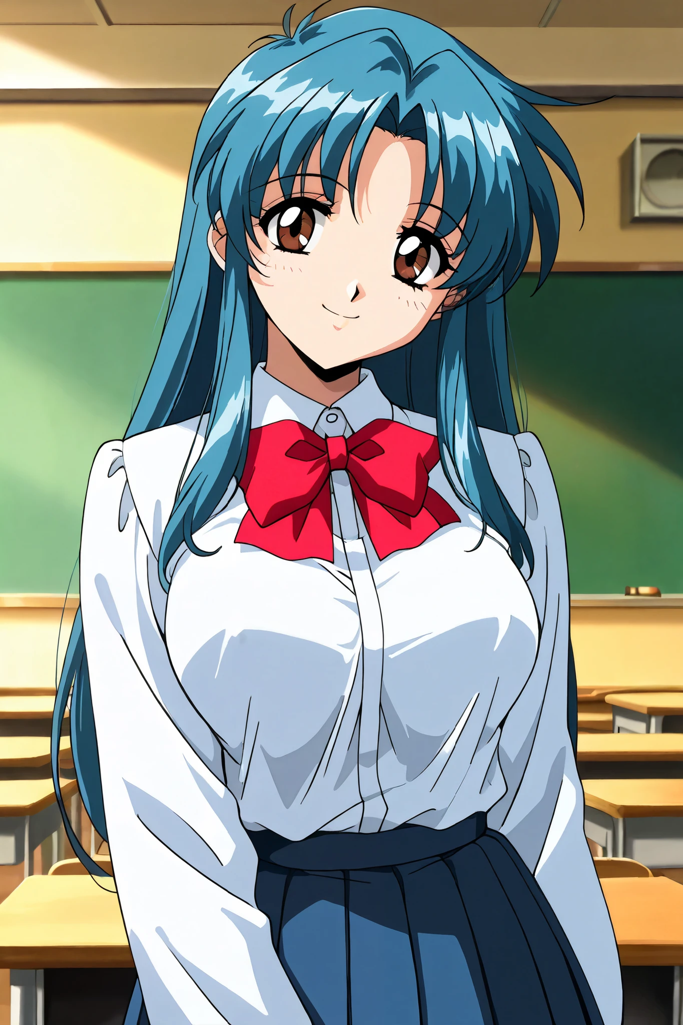 upper body,cowboy shot,from front,looking viewer,classroom,
1girl ,mature_lady,alone, (small face), pubic skin, Of light, charming body,Lewd Curves,
electile nipples through clothes,
happy smile,head tilt,
anime screencap, anime coloring, 1990s \(style\), shikanamedef, brown eyes, long hair, blue hair, school uniform, pleated skirt, blue skirt, long sleeves, bow,
shikanamerng, brown eyes, long hair, blue hair,
(extremely detailed CG,masterpiece, highres icon,absurdres,4K,f 2. 8 lens),