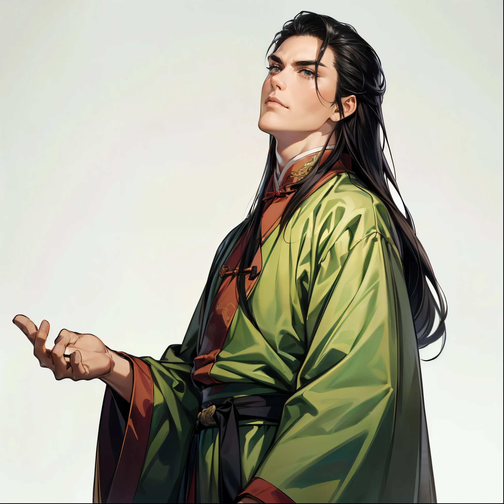 ( top quality,4K,8k, Hi-Res, Masterpiece:1.2),super detailed,(super fine illustration),(( A Man from Ancient China )),30 years ,Governor of the Three Kingdoms ,(Narrow eyes), detailed eyes:1.2, perfect eyes,(( Attractive Dark Eyes )),(( long black hair perfectly set,slicked back hair))),(( with a sad expression,Thin eyebrows,Mossy Cheeks )),cinematic lighting, soft shadows,((ancient Chinese black costume:1.3, looking up,from side)),(( cowboy shots with different designs:1.2)),(( WHITE BACKGROUND :1.3,simple background:1.3)),(( Standing:1.3,Depicted so you can't see everything from the tip of the head to the bottom of the waist:1.3))