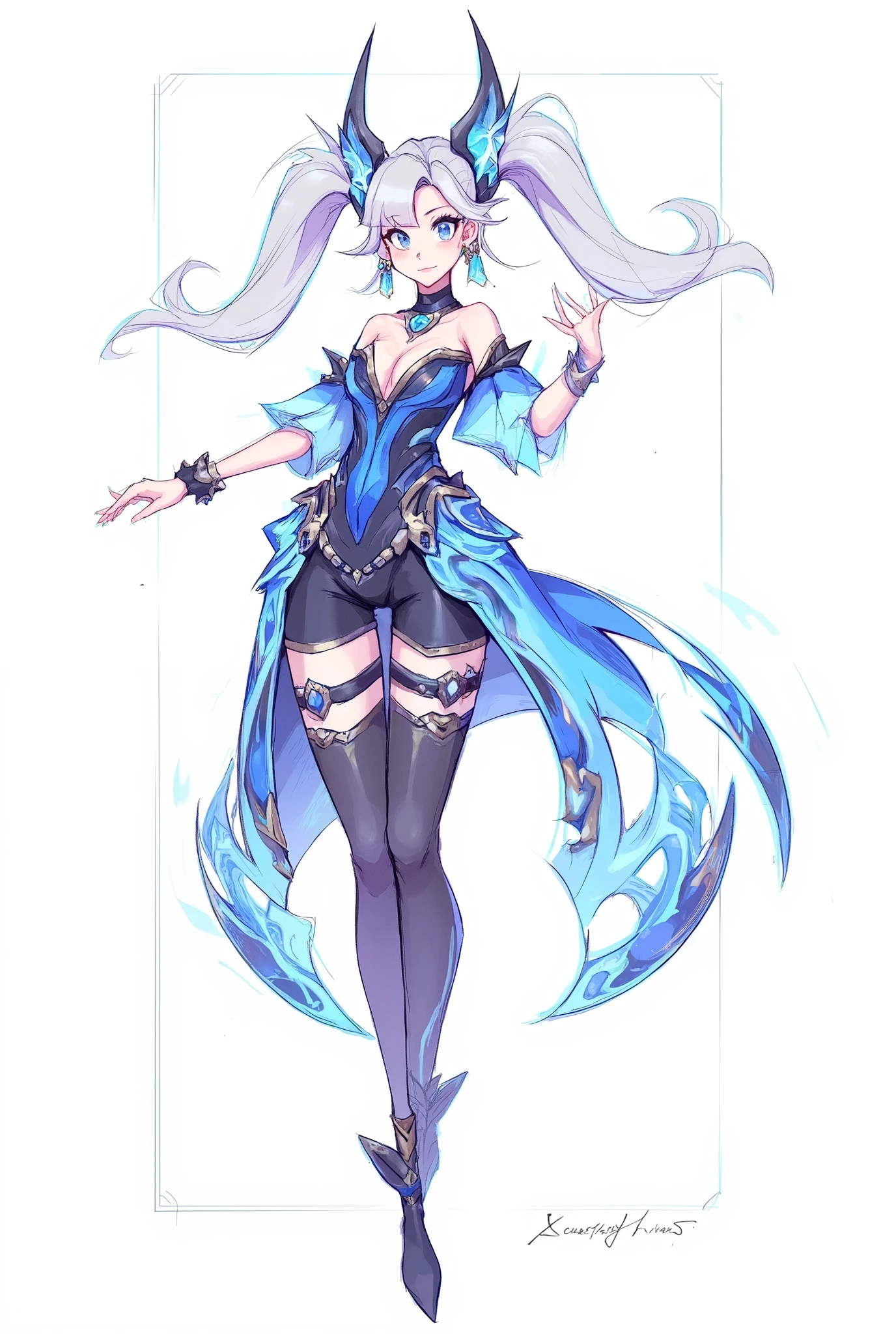 8k, best quality, masterpiece, (ultra-detailed:1.1), (high detailed skin), 
(full body:1.2), white background, standing, looking at viewer, solo, hand on hip, 
<lora:funingna-con-v100:0.8:lbw=OUTALL>, (flnother:1.2), black bra, bra, long hair, underwear, hat, gloves, thigh strap, white hair, bare shoulders, small breasts, blue eyes, solo, shorts, breasts, collarbone, multicolored hair, white gloves, blue hair, bow, off shoulder, barefoot, very long hair, blue headwear, 
(white background, simple background,:1.2), 
<lora:GoodHands-vanilla:0.55>, ( good hands, nice hands:0.5), 
(beautiful_face), ((intricate_detail)), clear face, 
((finely_detailed)), fine_fabric_emphasis, 
((glossy)), full_shot