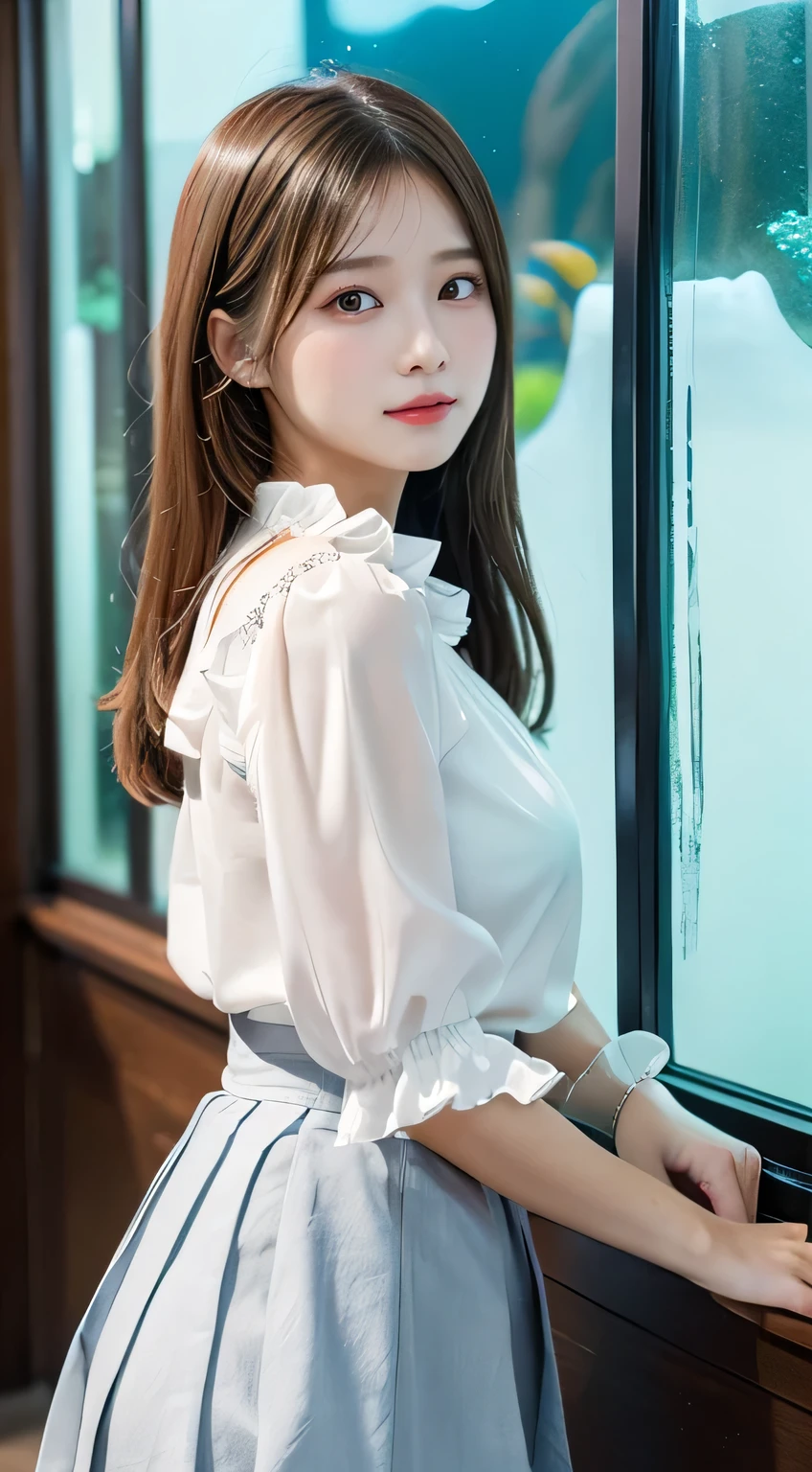 (((blue-sky、A smile、In the office、In the company、Climbing stairs、from the rear、frombelow、up skirt)))、(In a blouse with white ruffles、pencil skirts、shortsleeves:1.5)Pretty Girl VN02, 1girl in, Solo, masutepiece, 1girl in, best qualtiy, Ultra Detail, (shiny), Small、with blush cheeks, Ray tracing,Perfect Lighting, (milky skin:1.2),reflection,  up looking_で_viewer, blush, bow ribbon, Twin-tailed, yellow_Eyes, White lace pantyhose, Bag, White choker, Low_Twin-tailed、Japan's cutest 28-year-old beautiful girl、Small ribbons in the hair