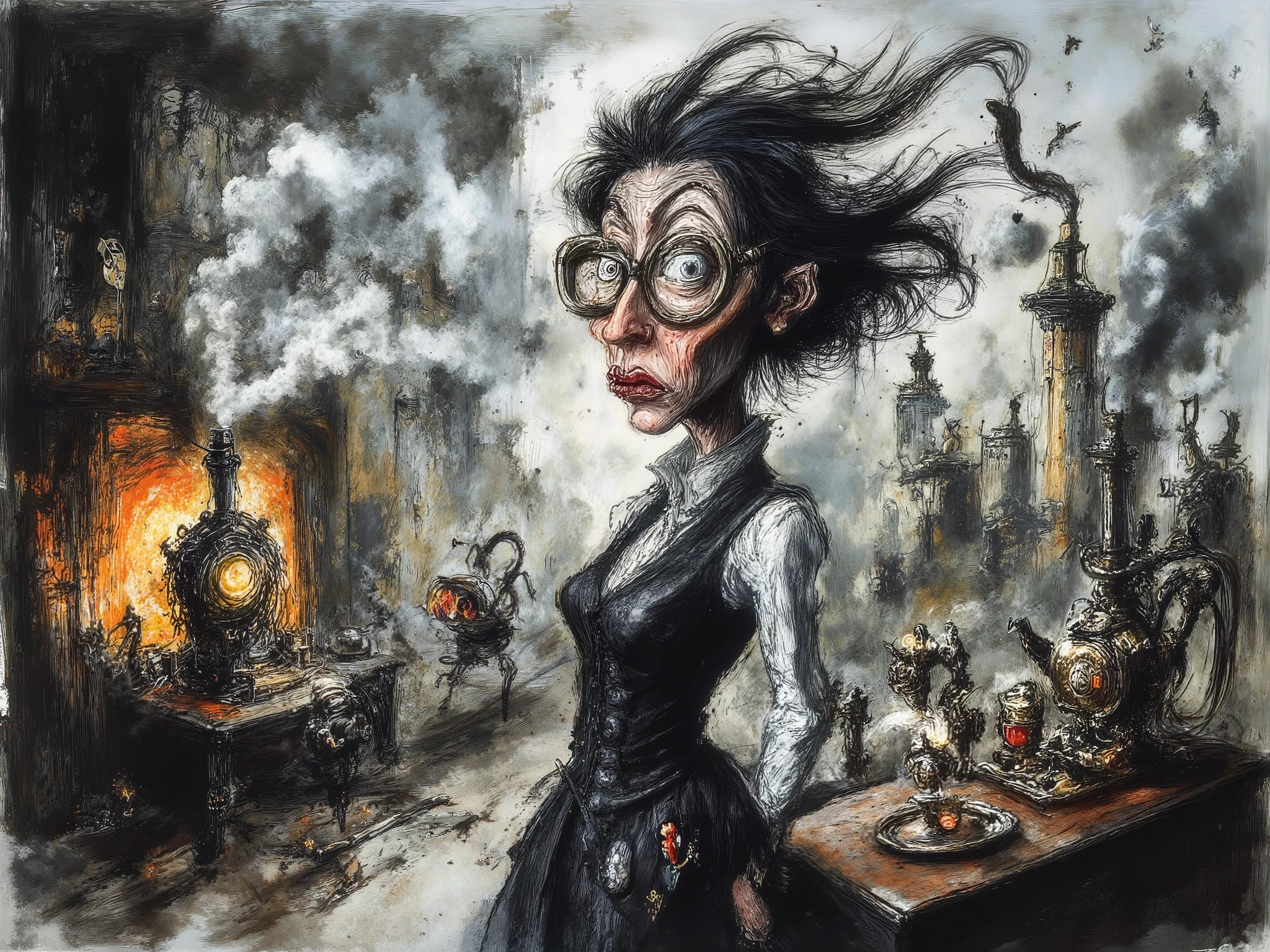 A hilarious steampunk woman inventor with wild hair, oversized crooked goggles, and a shocked expression as his wacky contraption explodes in a puff of steam. She wears a soot-covered Victorian vest, holding a spanner in one hand and a smoking teacup in the other. Behind her, a tiny steam-powered robot runs away, chased by a mechanical teapot on legs. Cartoon style, exaggerated expressions, vibrant colors, dynamic composition.