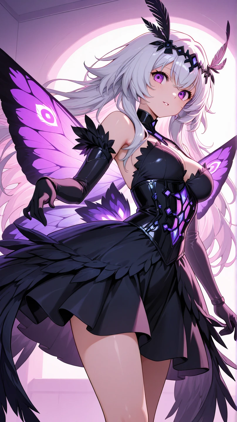 (Ashenhardt style:1.4), Masterpiece, Best quality, High quality, one girl, moth girl, crazy smile, pointy theeth, big black butterfly wings, Psychedelic, hight resolution, hightly detailed, ray tracing, butterfly antenna, white hair