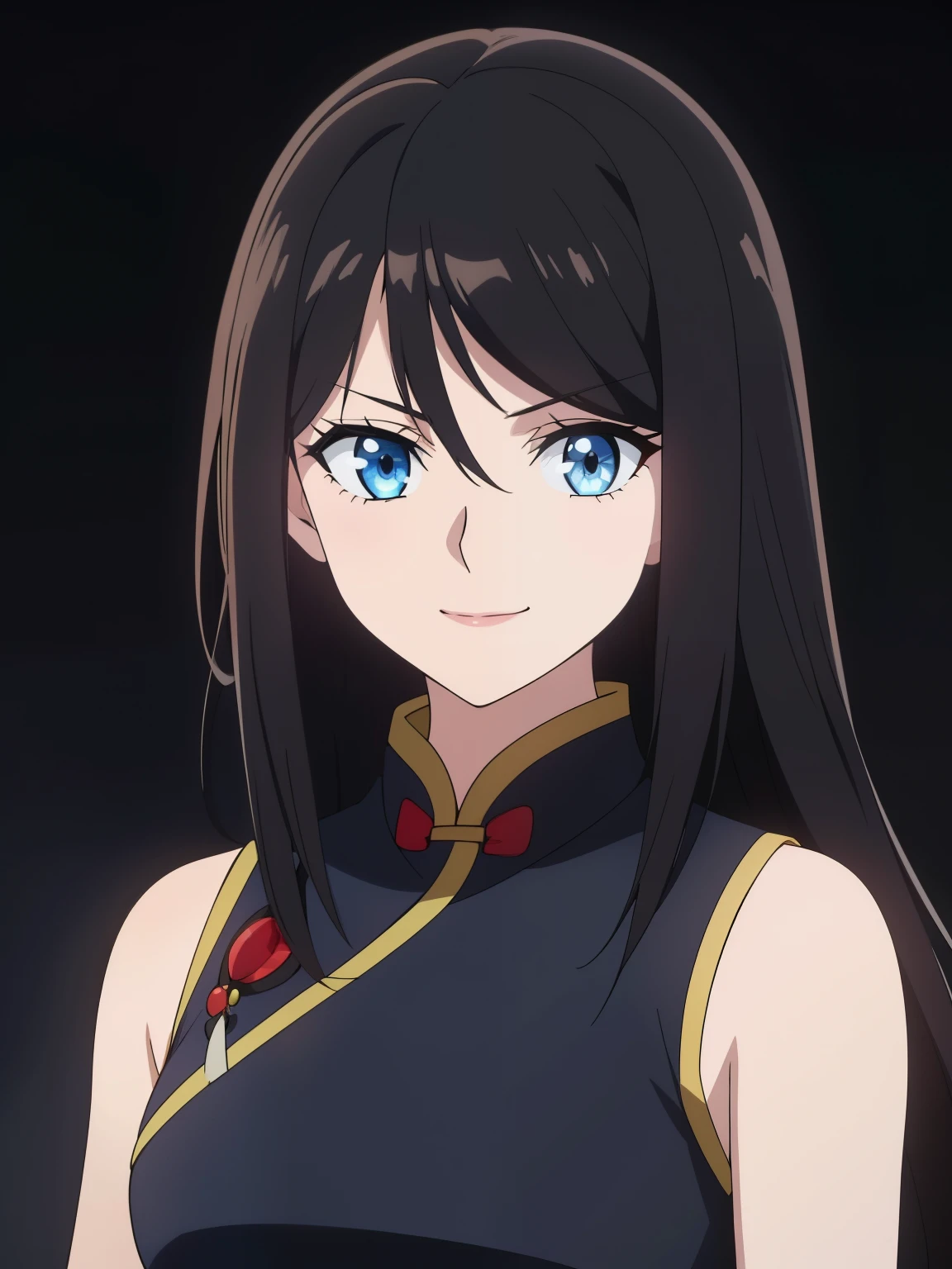 (high-quality, breathtaking),(expressive eyes, perfect face) 1girl, female, solo, black hair, long hair length, blue eyes, cute smile, positive expresion, Gundam artstyle, black background, portrait, symmetrical eyes, chinese clothes, sleeveless, Embroidered dress, Long Qipao Dress, china dress, hair accessory, pin, stylized hairstyle