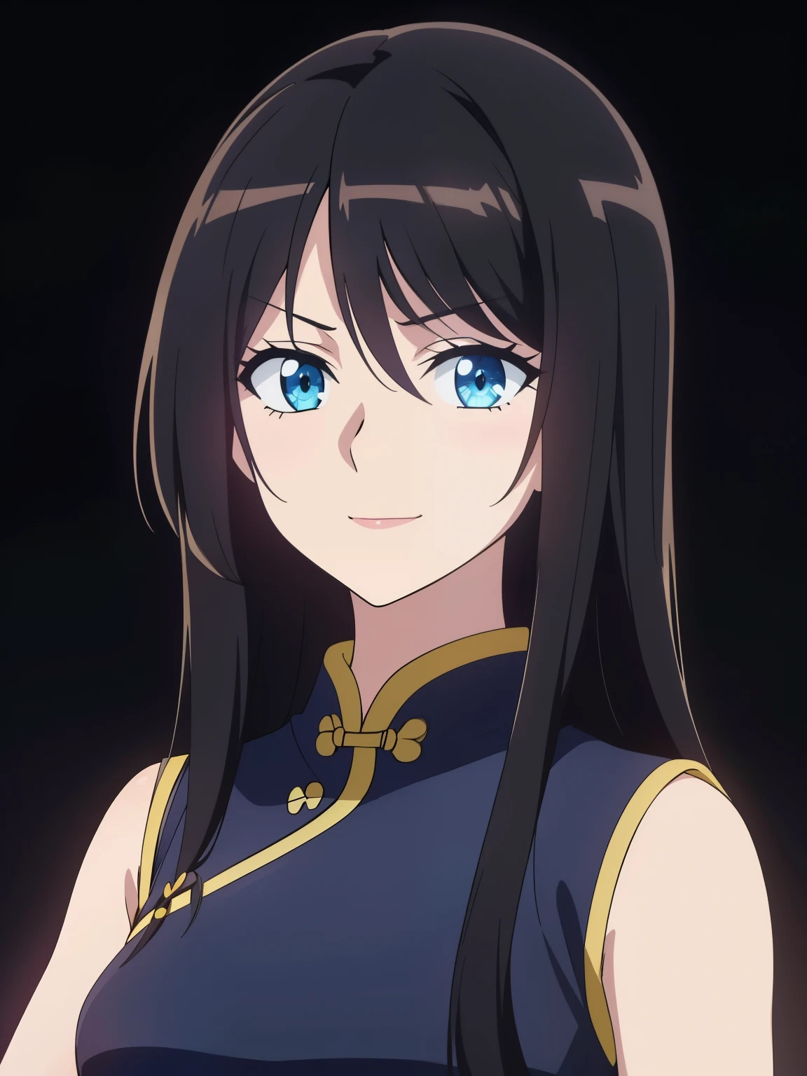 (high-quality, breathtaking),(expressive eyes, perfect face) 1girl, female, solo, black hair, long hair length, blue eyes, cute smile, positive expresion, Gundam artstyle, black background, portrait, symmetrical eyes, chinese clothes, sleeveless, Embroidered dress, Long Qipao Dress, china dress, hair accessory, pin, stylized hairstyle