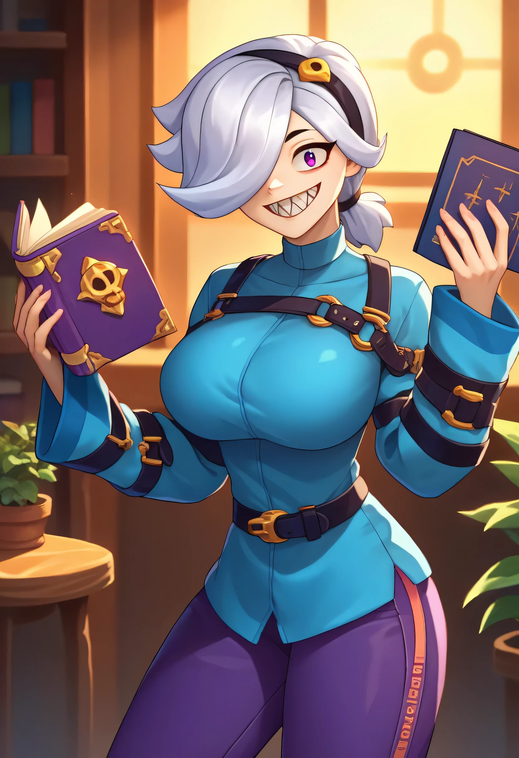 score_9, score_8_arriba, score_7_arriba, source _animated, Alone , 1 girl, colettedef , sharp teeth , Smile, watching the viewer, holding a book, hair over one eye, black headband, blue shirt, Long Sleeves Leather, Sleeves past fingers , , purple pants, big breasts