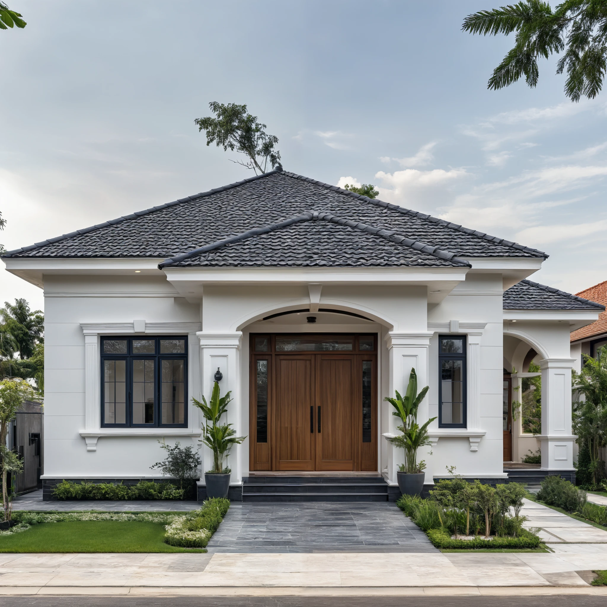 (masterpiece:1.2), best quality, photo of A two-story modern house with white walls and dark tiles on the roof, tree and plant, streetcapes, natural light, The exterior of an elegant single family home features large windows, a dark gray door frame.