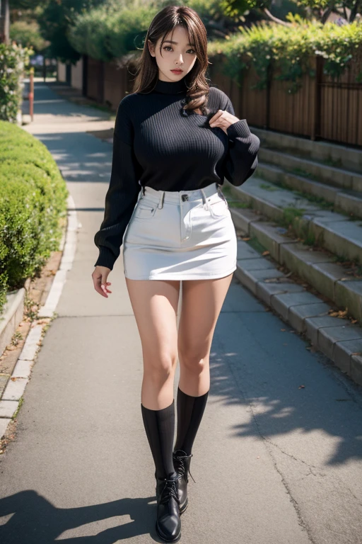 trileg, beautiful woman with three curvy legs, casual outfit with skirt, casual white sneakers, age 29, Irish, hijab