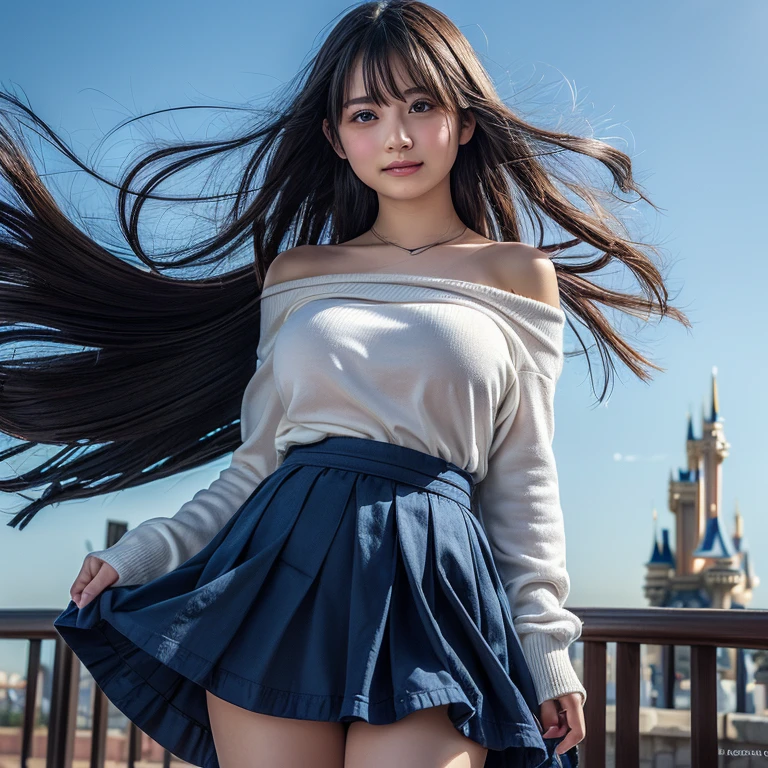 An unbeatable masterpiece, Ultra-photorealism, Perfect artwork, Intricate details, highest quality, Strong light , High Contrast, Dynamic pose, Dutch Angle , ((Depth of written boundary)) , girl1人 , mksskstyle , Low - Angle , From below , Bright colors ,girl , alone , Shine , Light , Wind , Wind liftskirt lift , Sparkling eyes , Starry Sky , Milky Way Cloud , Food Up , Floating Hair , Very long hair , Gray Hair , Purple eyes , Mid-chest , White pleated skirt , Frillsスカート , Frills袖 , Purple hoodie , Frills , Black Pantyhose , Long sleeve , Oversized sleeves longer than your fingers , chromatic aberration , In-person audience , Are standing , (Summary Background) , Dancing ,