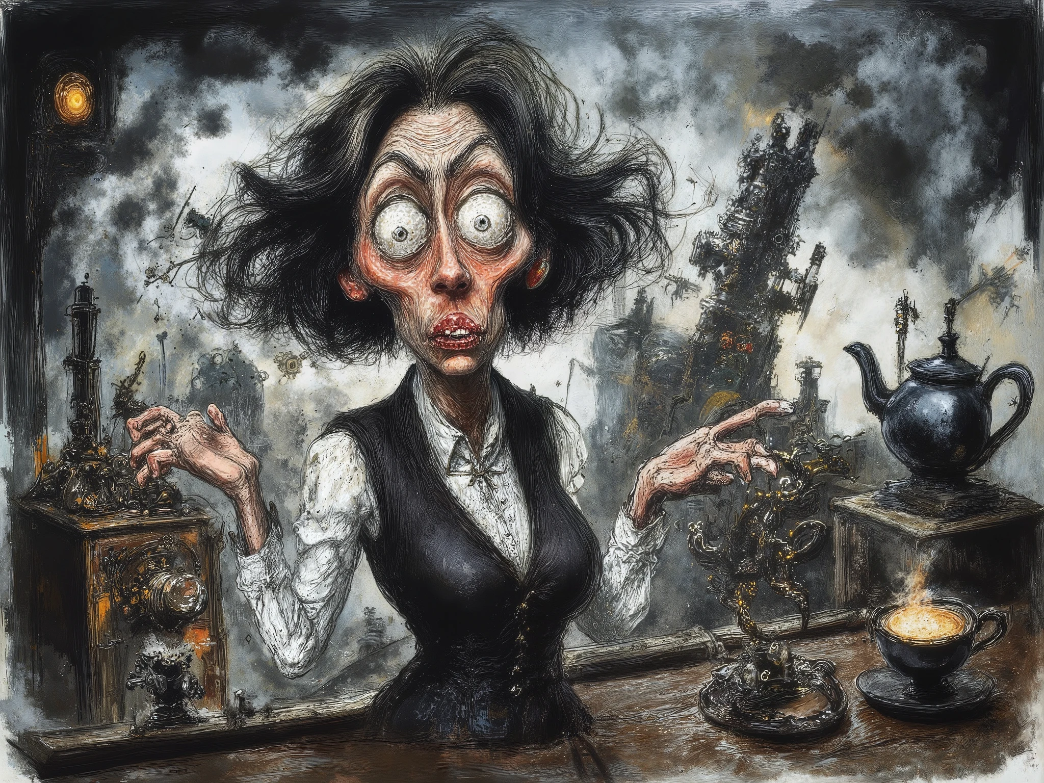 A hilarious steampunk curvy funny woman inventor with wild hair, oversized crooked goggles, and a shocked expression as her wacky contraption explodes in a puff of steam. She wears a soot-covered Victorian vest, holding a spanner in one hand and a smoking teacup in the other. Behind her, a tiny steam-powered robot runs away, chased by a mechanical teapot on legs. Cartoon style, exaggerated expressions, vibrant colors, dynamic composition.