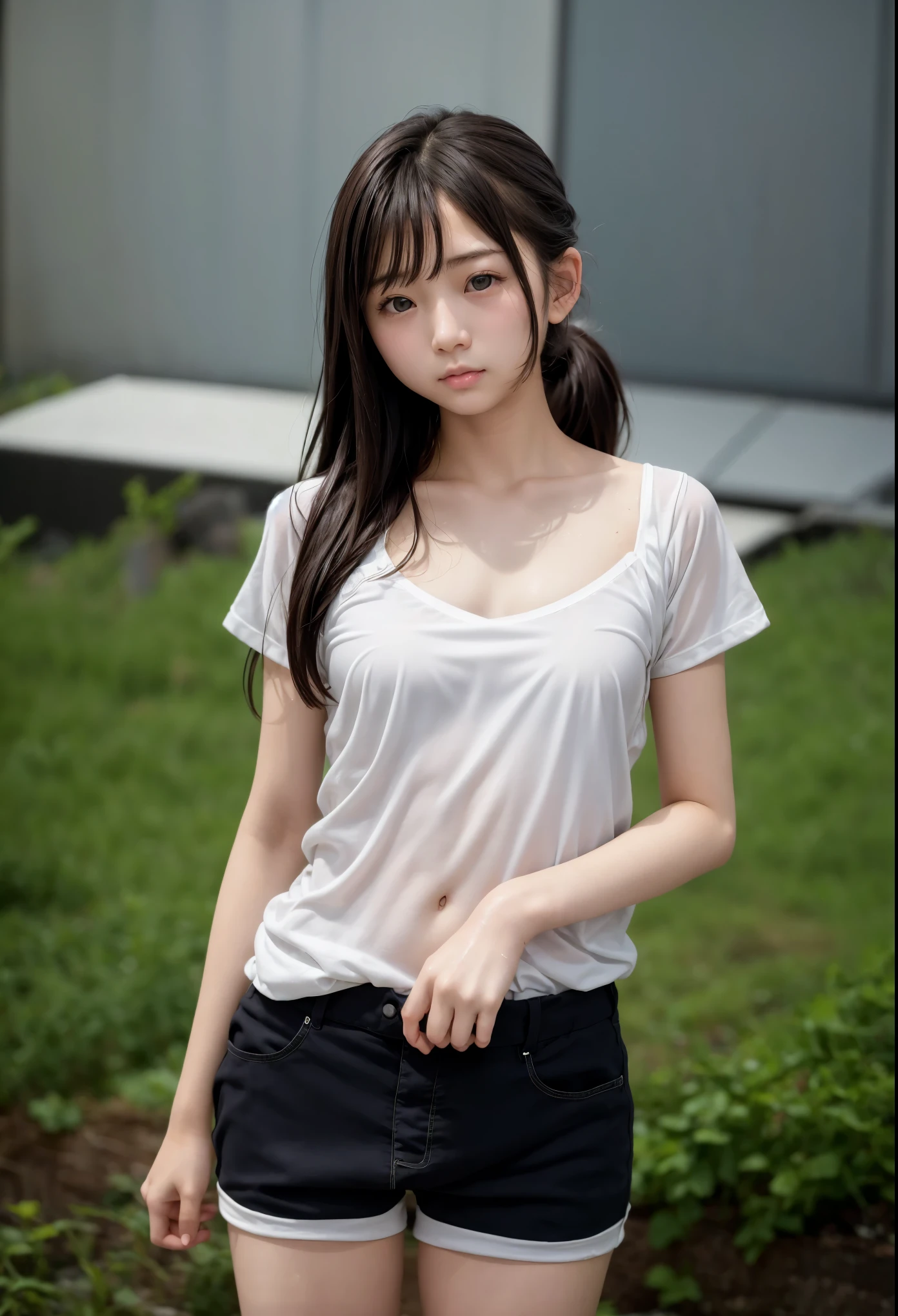 cute japanese girl with ponytail、Baby Face、My clothes are wet from the rain、Her clothes are transparent and her  are visible、(flat chested:1.3)