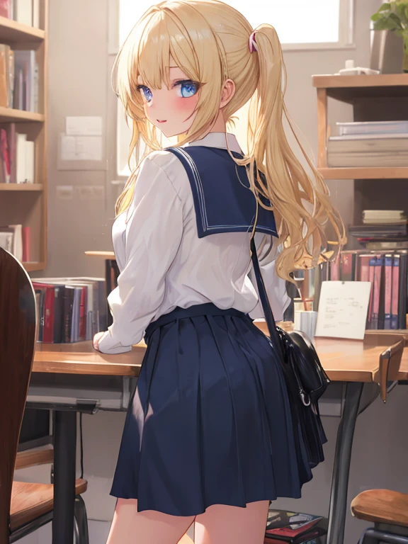 ((Masterpiece)), ((Best quality)), ((high definition 4k |)), ((Junior high school girl)), , bshoulders, (Thin legs), (Backstory, ((in a school)), details in the environment,, Face the lens，dual horsetail,Golden hair，（blue color eyes），full bodyesbian，White stockings，Jump up