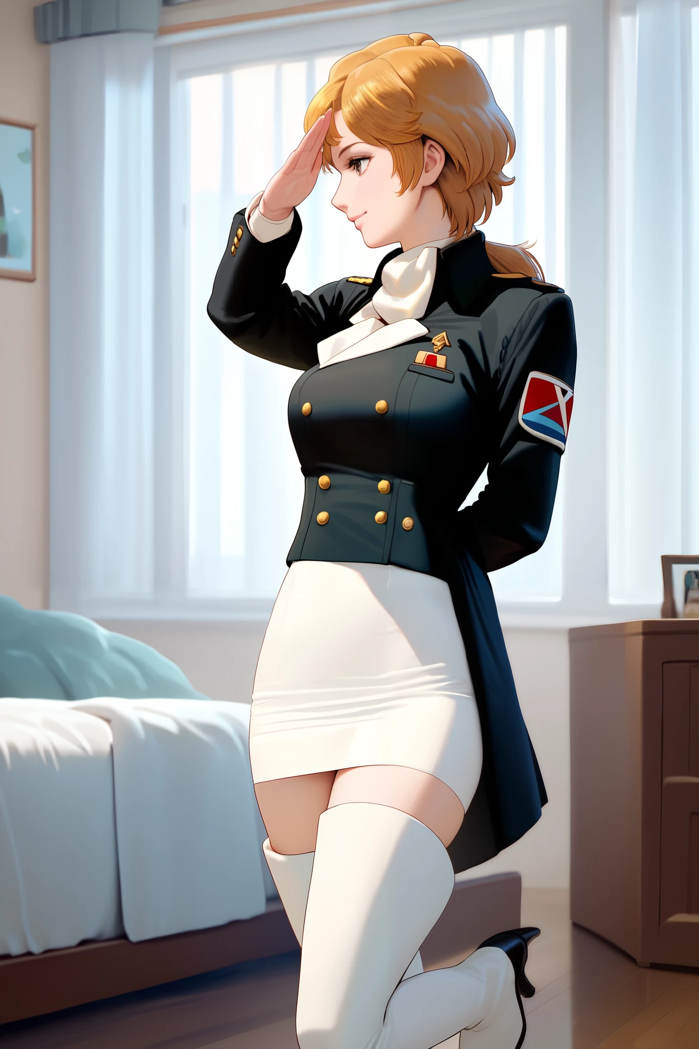 frederica,1 female,solo,smile,
midium breast,
Black jacket,military uniform,tight skirt,white panty,lace up boots,thigh-high boots,high heels,
standing,cowboy_shot,front view,salute,
highest quality,masterpiece,high definition,ultra-detailed,anime,
indoors,on bed,bed room
