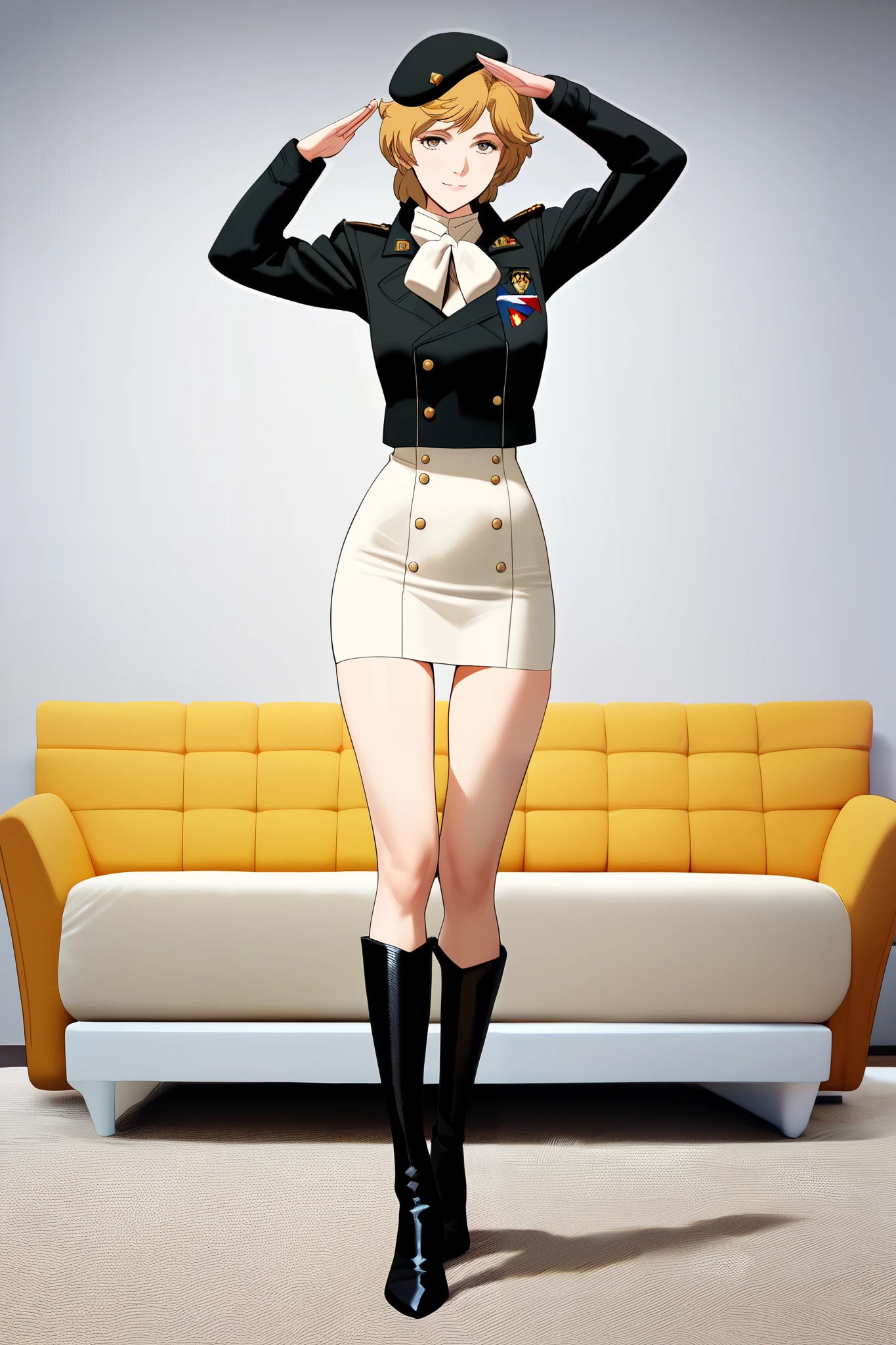 frederica,1 female,solo,smile,
midium breast,
Black jacket,military uniform,tight skirt,white panty,lace up boots,thigh-high boots,high heels,
standing,cowboy_shot,front view,salute,
highest quality,masterpiece,high definition,ultra-detailed,anime,
indoors,on bed,bed room
