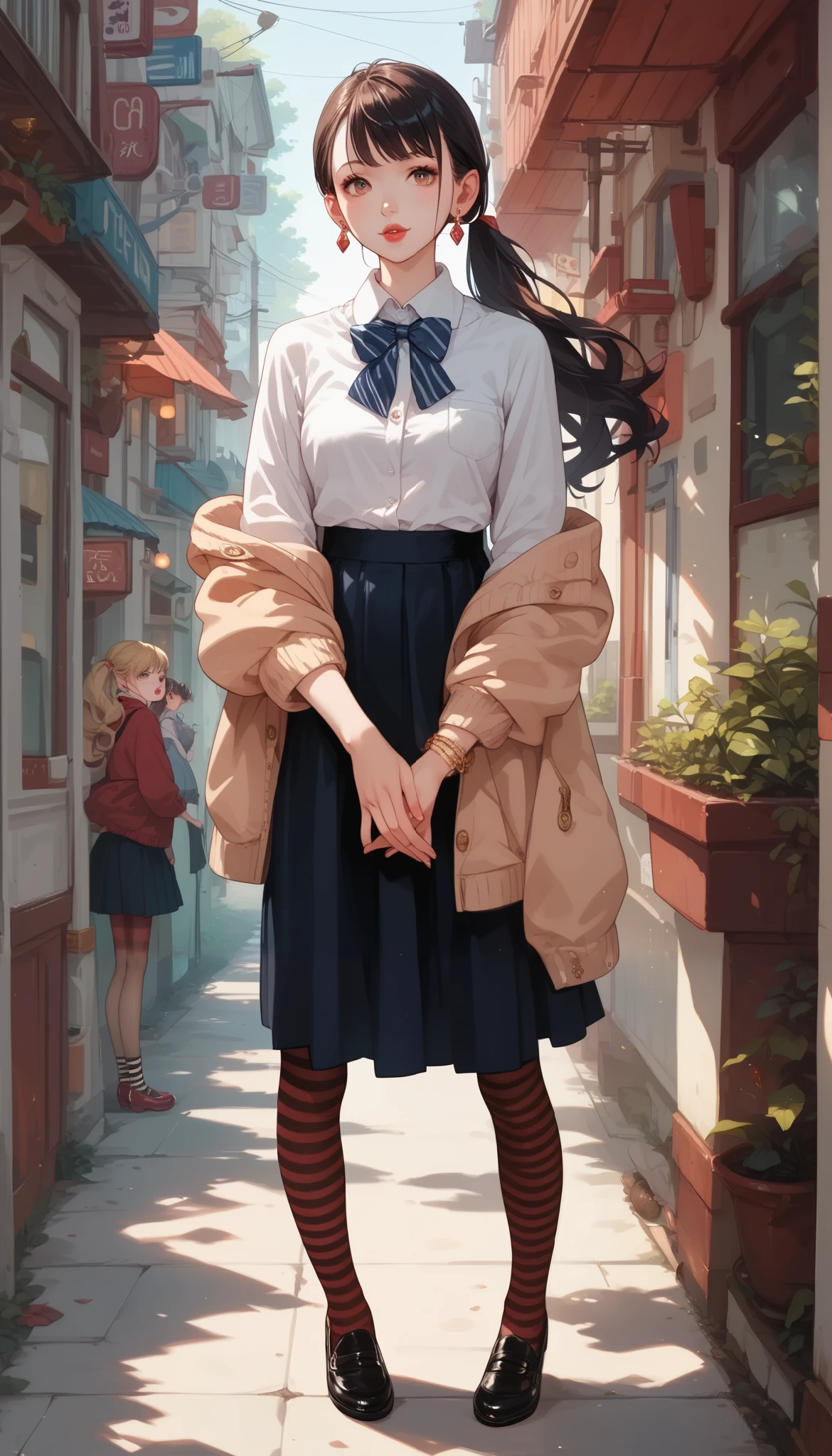 in the seat, alone, length_hair, skirt, simple_background, shirt, black_hair, jewelry, standing, full_body, Group, pantyhose, earrings, shoes, striped , black_ skirt, hair_ good, twin_ Groups, double_ good, Compensate, own_hand_together, lipstick, red_background, striped _ 太ももの高いshoes下, _ fashion, red_lips, striped _ pantyhose