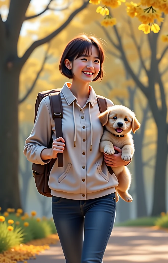 An incredibly charming little girl carrying a backpack, accompanied by her adorable puppy, enjoying a lovely spring outing surrounded by beautiful yellow flowers and natural scenery. The illustration is in high definition at 4k resolution, with highly-detailed facial features and cartoon-style visuals. --auto