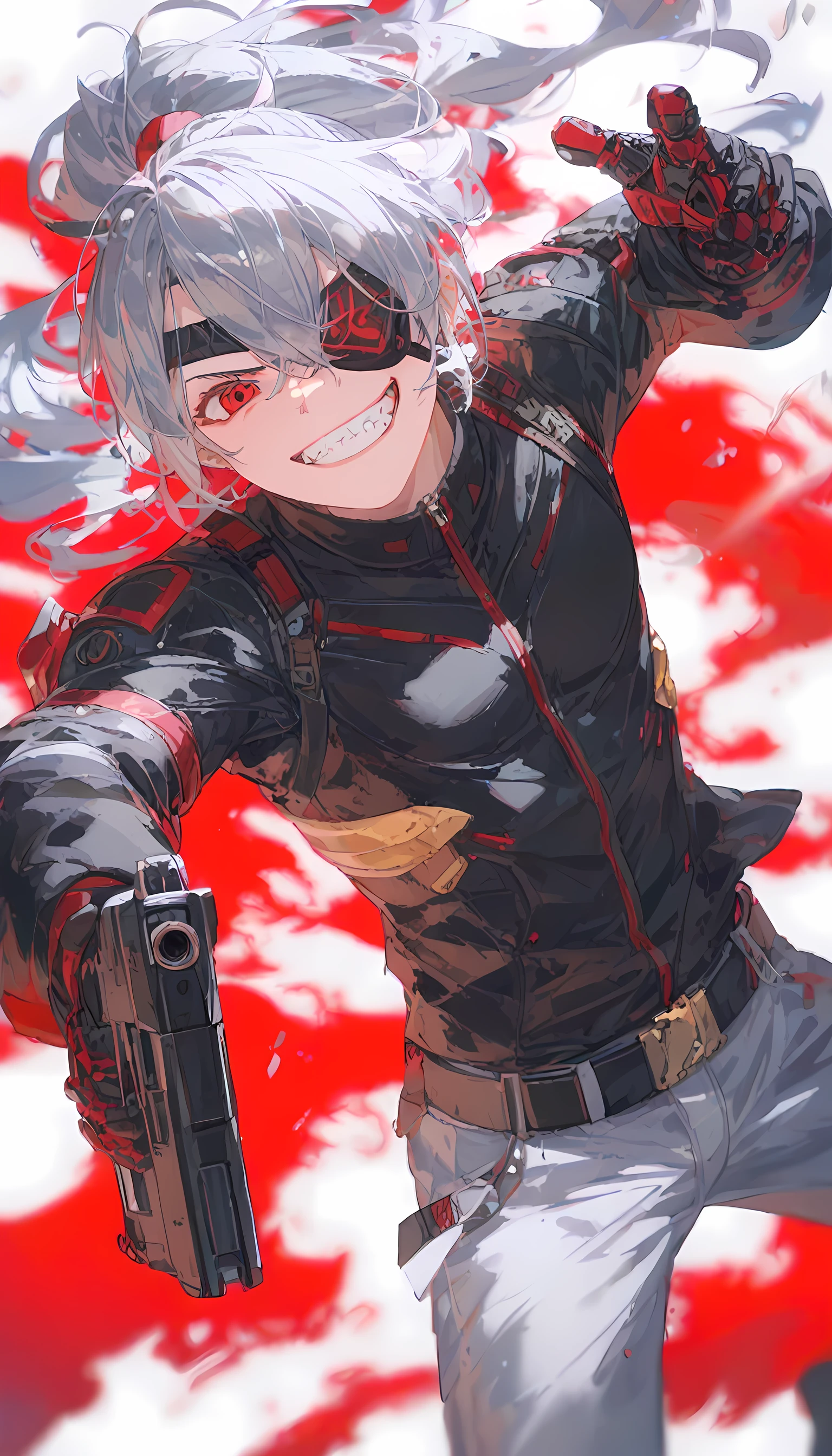 (masterpiece, best quality, amazing quality, very aesthetic, absurdres, newest:1), best quality and highly detailed textures, in a unity 8k wallpaper style, optimal lightning, high detailed ,watercolor picture-book style,rough touch, a old man ,medium hair, silver hair, ((ponytail hair )), red eye,black eyepatch ,grin,sharp face line ,((black mechanical body ),(holding pistol with both hands )), smoking a cigarette,full body,dynamic angle,dynamic pose, acrobatic pose,dark sky night