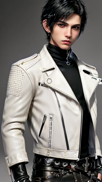 Final fantasy taste and reality graphics, Japanese young cute and cool ikemen boy, his age is early 20s, thin eyebrows and beady eyes, ((he wearing off white color leather thick material jacket)), ((jacket is singlebrest)), biker style jacket, with epaulet, jacket is long sleeve, ((must close the front of the leather jacket)), , ((voluminous leather jacket)), ,((must jacket is high length and stand-up collar)) ((jacket collar with two belts)), ((jacket is a little black color line pattern)),((close the front of the jacket)), ((also wearing black thick material turtleneck lackluster shirts)), ((tight black leather pants)), ((black leather tight and thin glove)), ((black leather knee-high raceup boots)),((must views head-to-toe)),((must views whole body)), ,((Do not show skin from the neck down)),leather jacket leather glove and leather pants have few wrinkles, Avoid showing your innerwear,zip up jacket fastner.must put on a leather glove.
Bous face is expression of ecstasy.
Boy is black hair.boy looks like fashion model.
((Tape wrap gagged)),((beige color packing tape))