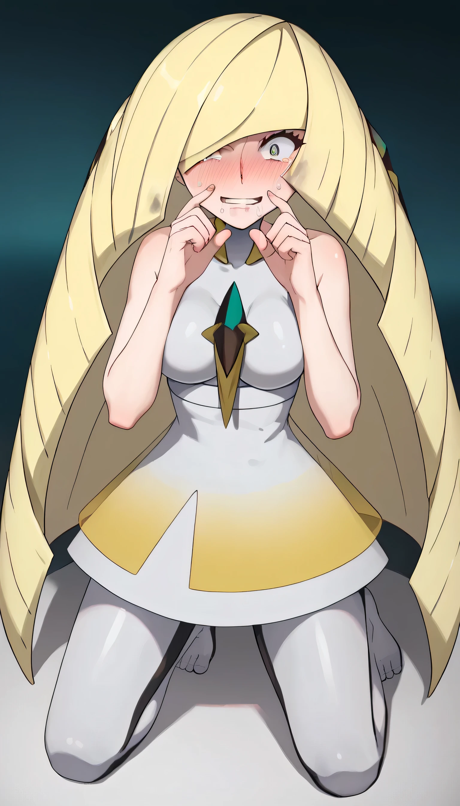  work of art,  top quality, Lusamine - Pokemon ,  long yellow hair,  short dress in white ,  long white stockings ,  sarcastic smile ,  Big breasts , nervous look,  full body, kneeling,  bare feet, vista,  bare feet, bare feet,  legs apart, Sole of the foot,  scared ,  begging, Supplicating hands,  scared , Dirty y sudada, exhausted, Dirty 