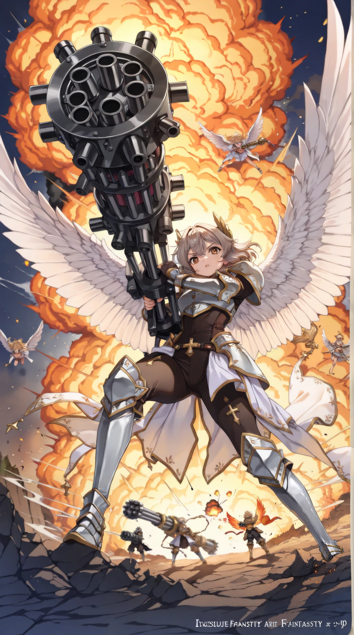 (( top quality)),( ultra high resolution),( very detailed),( Detailed Explanation ),(( best CG )),( BEST ARTWORK ), Ultra-precise art, 素晴らShii絵画芸術,(exquisite fantasy art:1.5), Female Angels, trigger happy , Shoot a giant Gatling gun, A cross engraved on a white wing, Partial Armor, do not forgive evil , godの威光を見よ, god々Shii, brave and brave , Burning Clouds , Flying in the air, dynamic pose, dynamic angles to face enemies, Crushing, explosion,