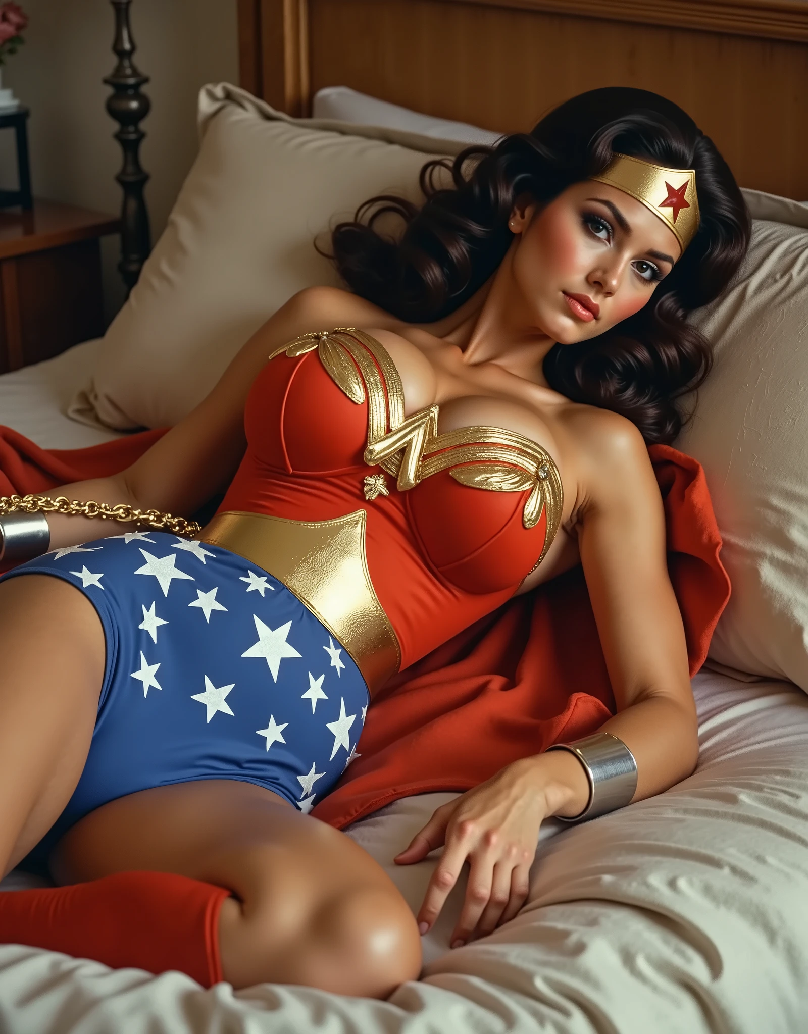 A SEXY LYNDA CARTER AS THE ICONIC 1960 WONDER WOMAN, WEARING A SPANDEX WONDER WOMAN COSTUME, SPANDEX PATRIOTIC BLUE SKIRT. A RED PATRIOTIC WONDER WOMAN CAPE, RED WONDER WOMAN BOOTS. HER GOLDEN LASSO ATTACHED TO THE SIDE OF HER HIP. CRYSTAL CLEAR ART, CELAN CRISP ART, 4K, 8K, MILLIONS OF TEXTURES AND DETAILS.PASSED OUT IN BED.