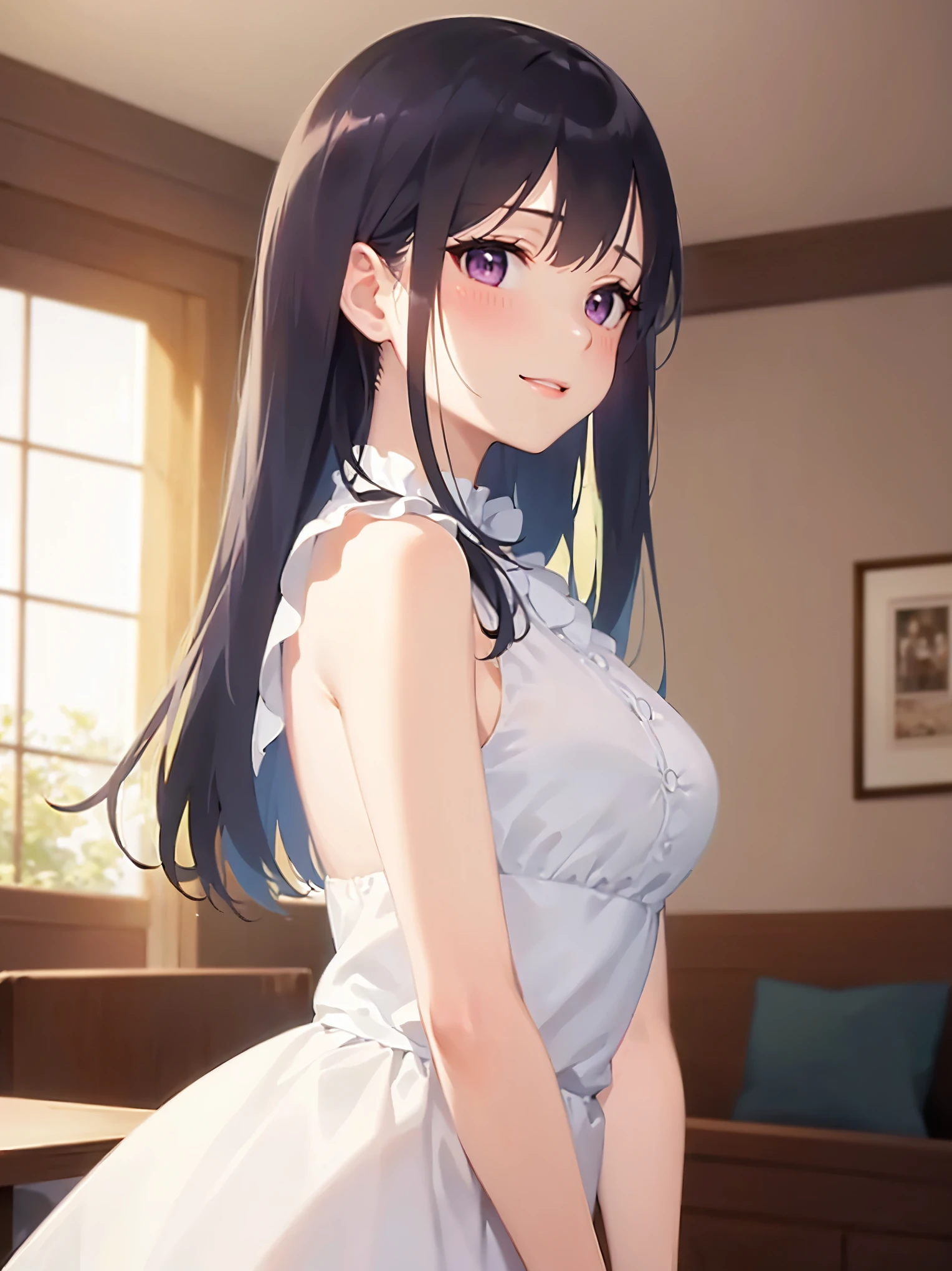 side angle, Realistic, real person, (pale skin: 1.2), upper body, RAW photo, photorealistic, shiny skin, shiny hair、(A 35-year-old woman with medium-length hair and bangs) and (wavy hair) and (brown hair) and (Orange Eyes) , (white) and (off shoulder blouse)、Cleavage、(blush:1.5), smile, The background is the living room、Alone、Are standing