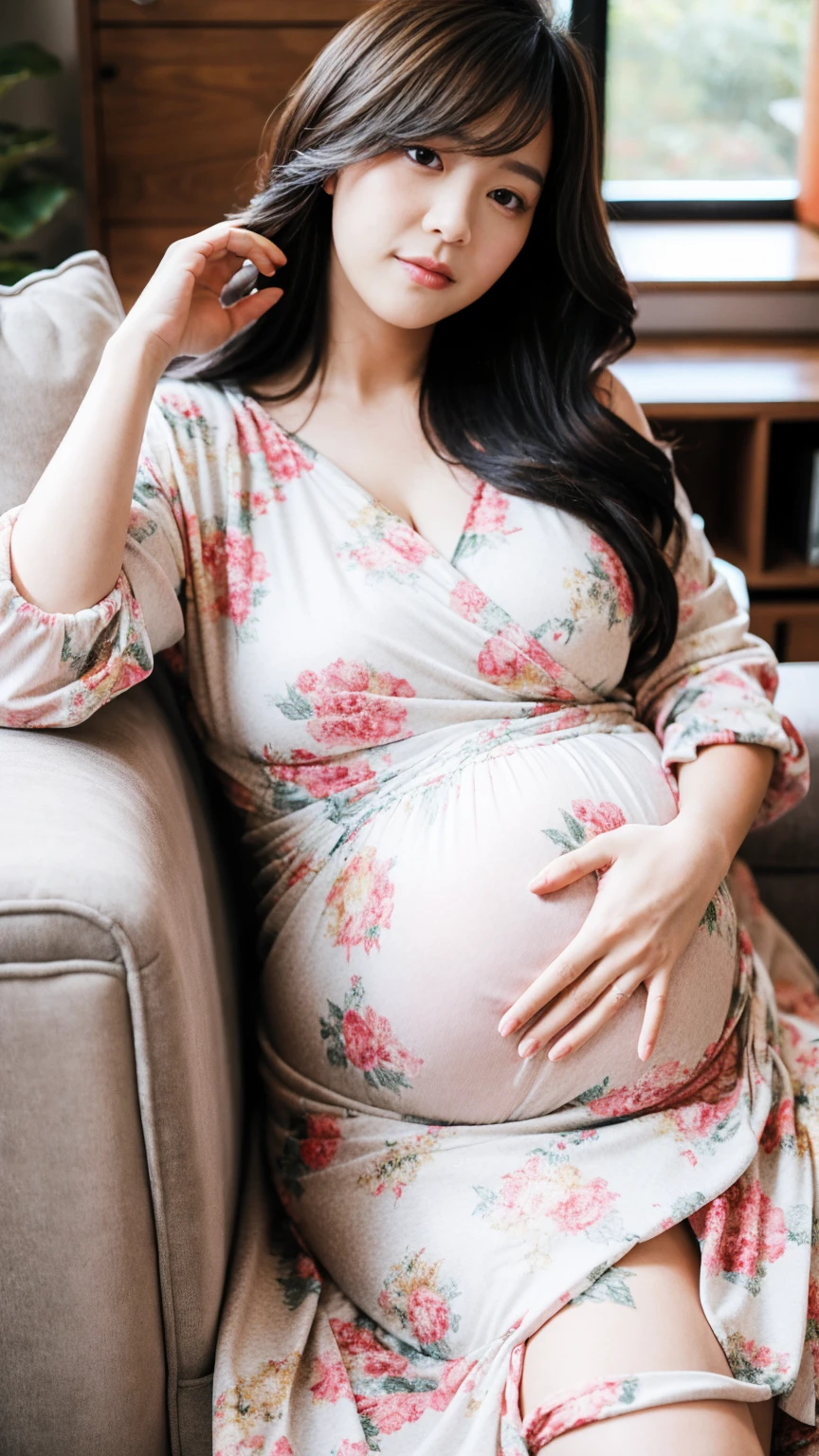 Pregnant woman with big belly in flower dress Sitting in front of plants Illustrations inspired by Nazmi Ziya Güran, closed, hyperrealism, Pregnancy, Pregnancy, Pregnancy, Pregnancy,