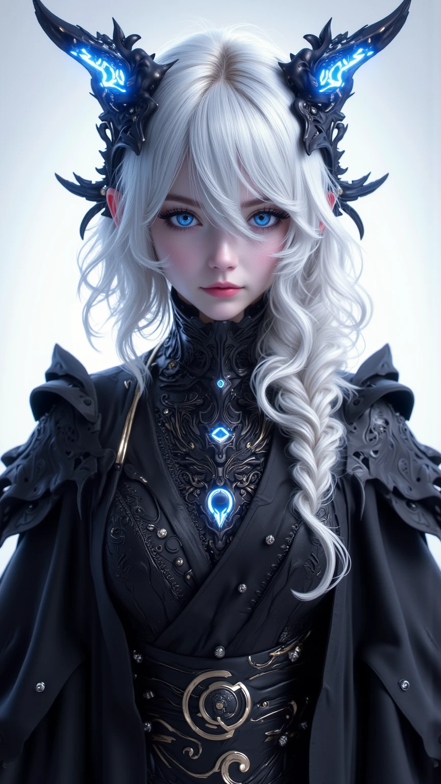 Monochrome photography style using a single color or shades of a single color, creating a timeless and classic look, cartoon druidic anime queen, stern bold face, technopunk glasses, glass in frames, monochrome photography, single color, shades of a single color, timeless, classic, elegant, sophisticated, nostalgic
