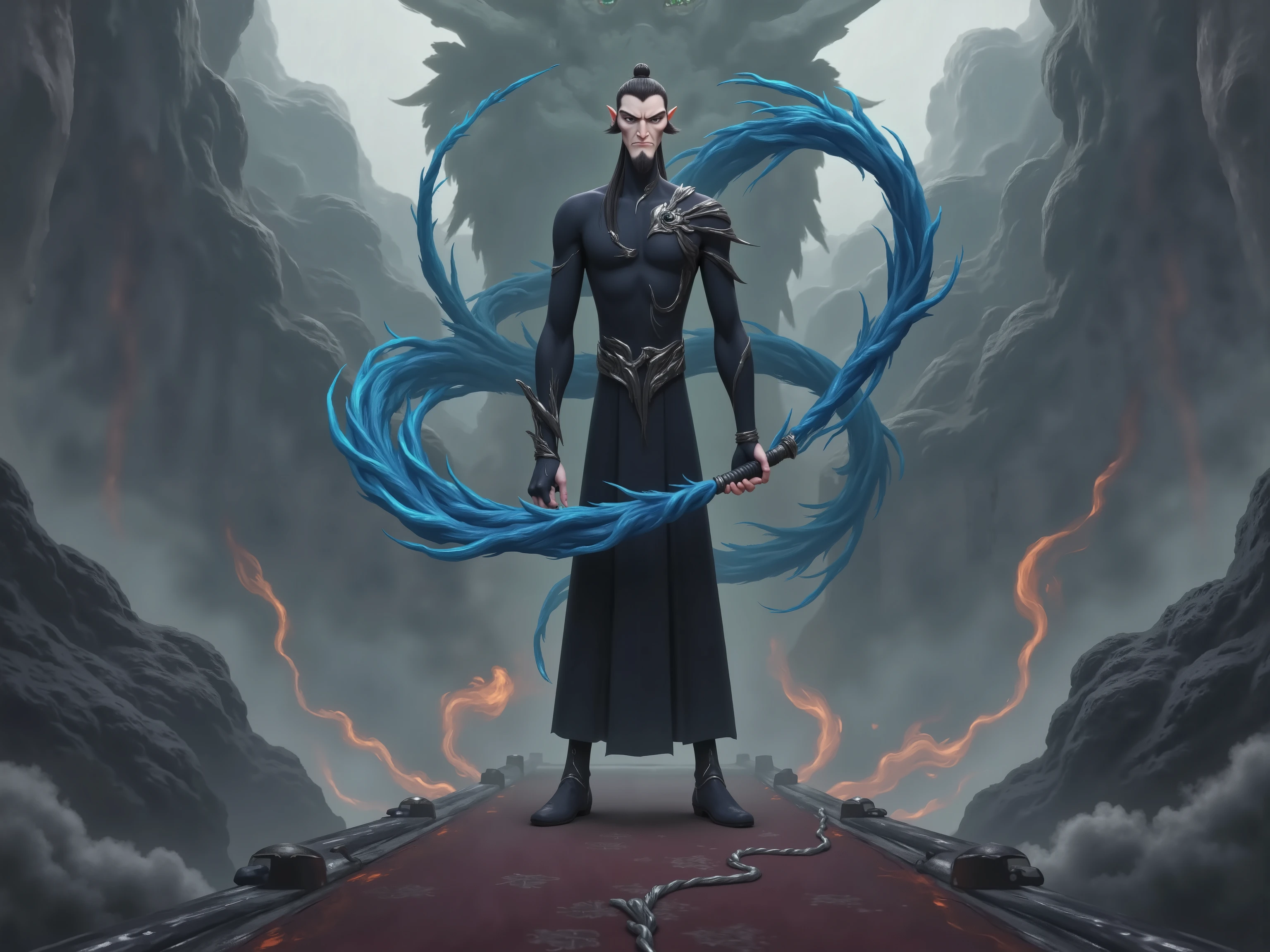 ( masterpiece, top quality:1.2), Game anime characters, alone,beard, Black Robe ,slim。Holding a blue whip in his hand。Kung Fu Action ,flame,cliff,Ominous clouds,dragon,Grand scene,Large game scene