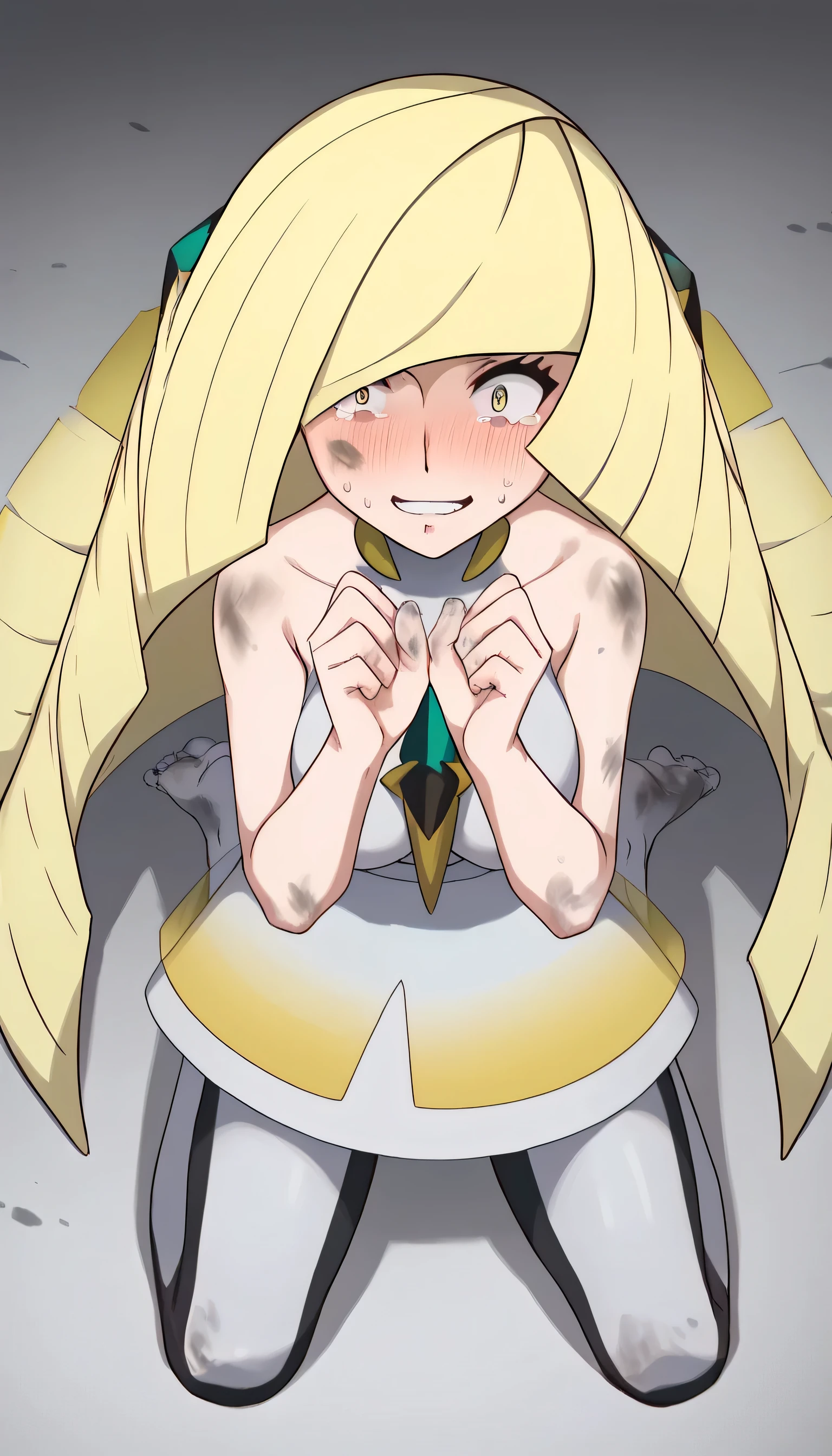  work of art,  top quality, Lusamine - Pokemon ,  long yellow hair,  short dress in white ,  long white stockings ,  sarcastic smile ,  Big breasts , nervous look,  full body, kneeling,  bare feet, vista,  bare feet, bare feet,  legs apart, Sole of the foot,  scared ,  begging, Supplicating hands,  scared , Dirty y sudada, exhausted, Dirty,  seen from above 