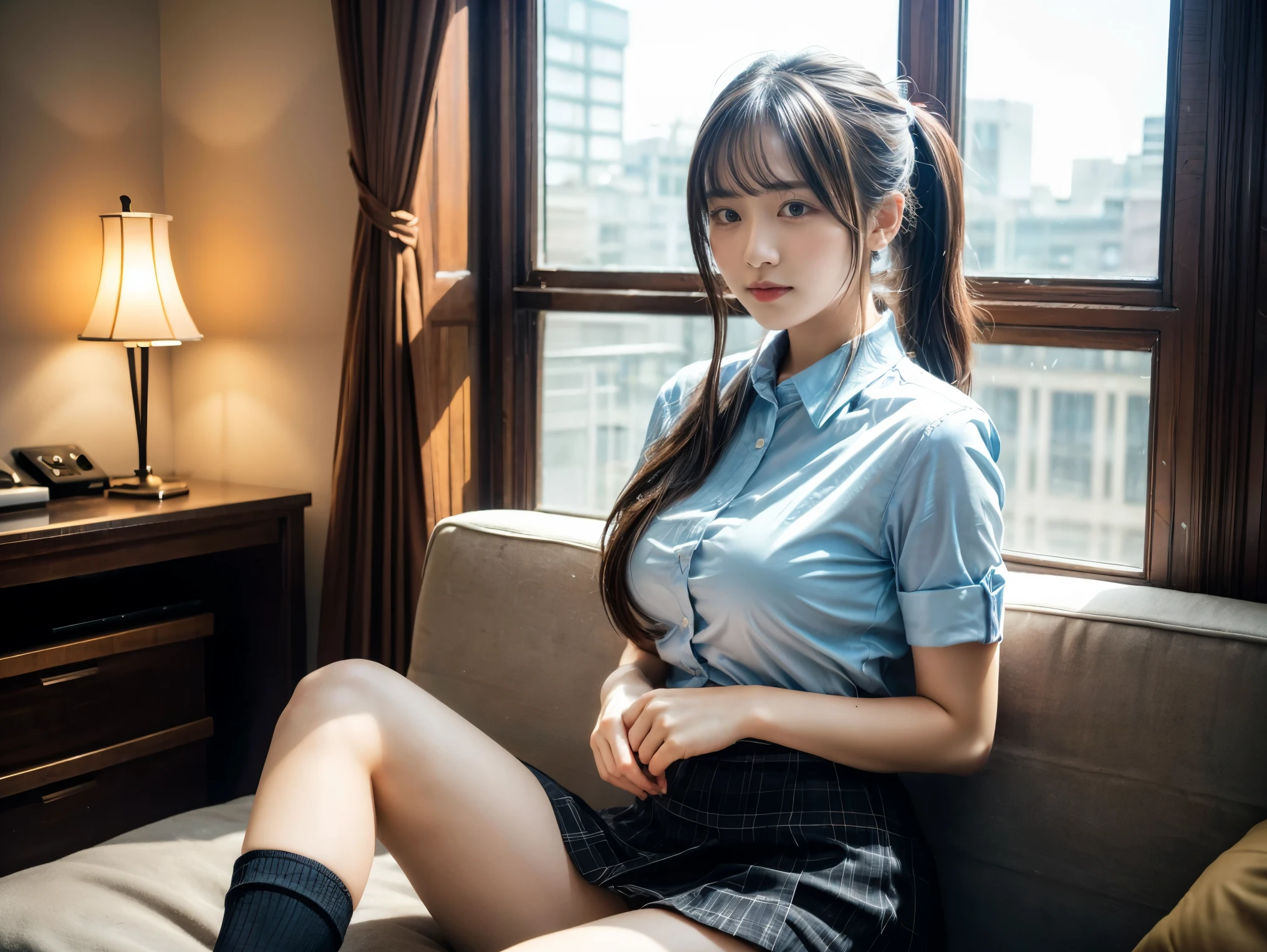 One woman()、Shyly smiling、Long, blue hair、Thin glasses、White clothes、See-through shirt、ribbon、Short pleated skirt、Pink underwear、loose socks、Inside a skyscraper office at night、Spread your legs