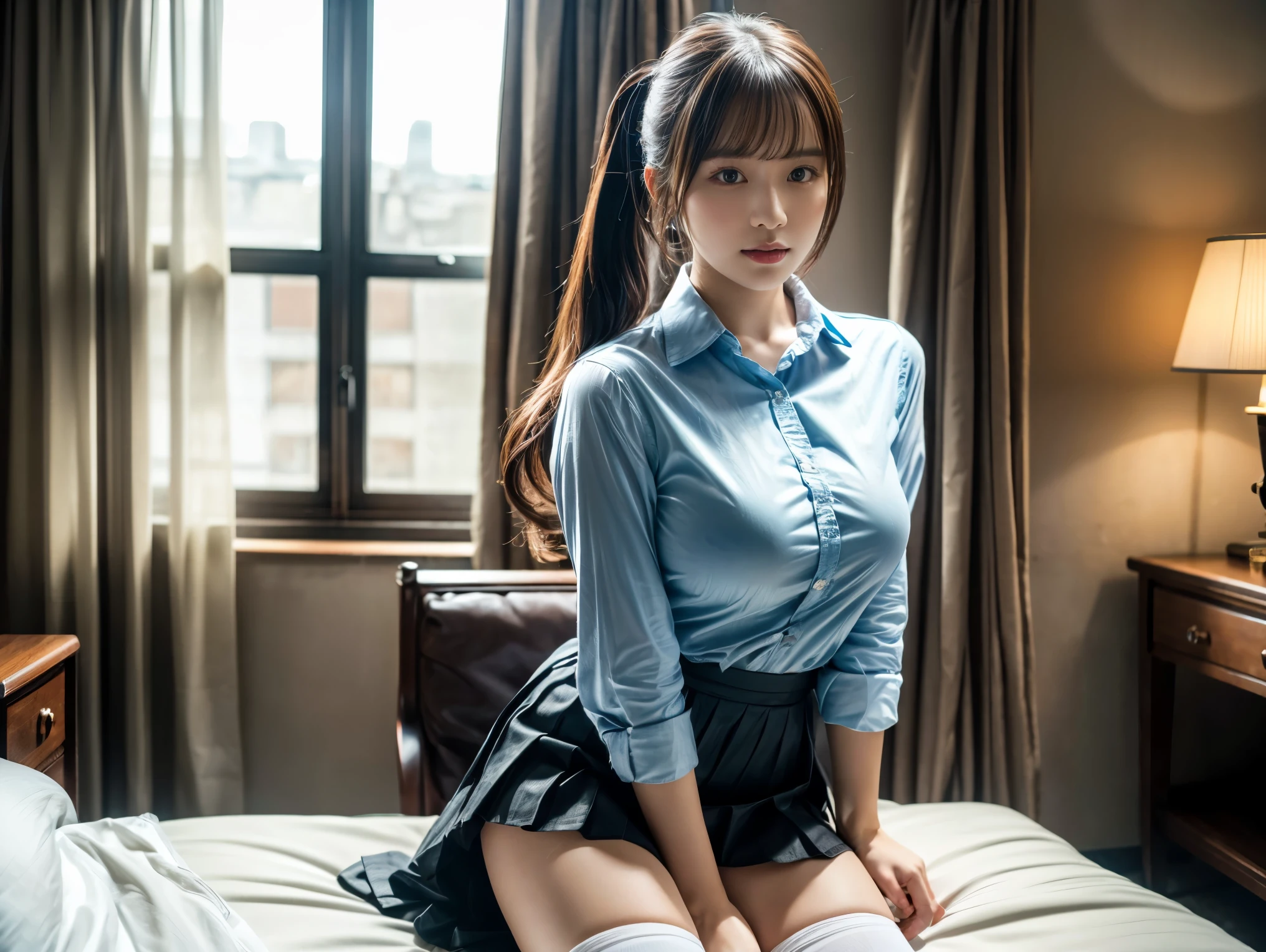 (((8k、High resolution、Highest quality、High resolution)))alone、Natural body shape、White skin、Natural Makeup、((Black Hair、bangs、Straight Long Hair))、((()))、squat、(:1.4)、(())、(((((Full body photo)))))、(((Looking into the camera)))、(((Wear a uniform on the upper body)))、Bedroom、(((Of high school))) 、((white collared long sleeve blouse))、((Beige cardigan))、((Pleated skirt with dark blue plaid pattern、mini skirt、Ultra-realistic pantyhose))、、、Expressionless、((Exposing your thighs)), Beautiful mature woman