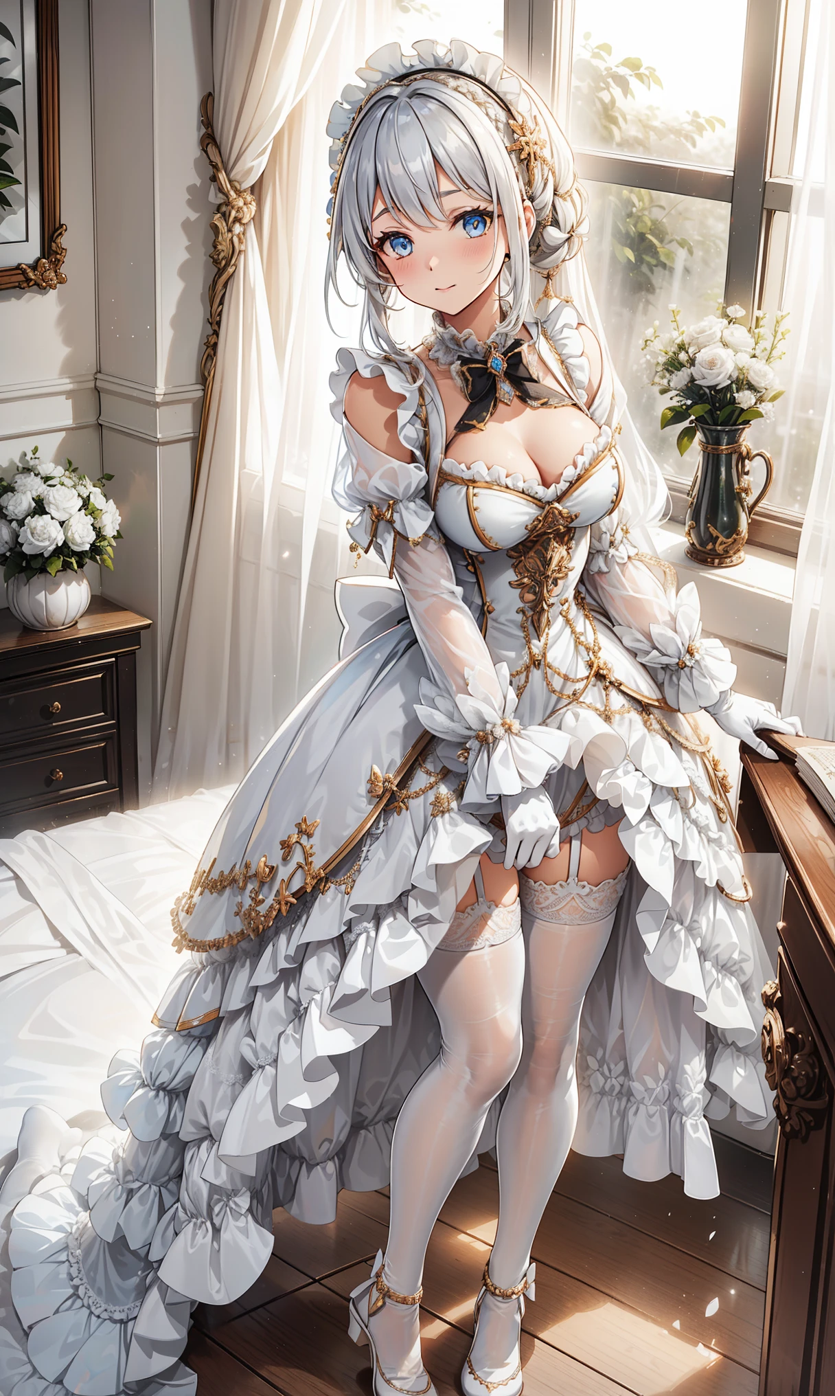 shakes ,Attractions, Have Fun ,in love,(Girl in a white modern shirt 、 tunic and pantyhose:1.2),( white ruffle bow gloves ), silver hair , golden eyes,Sacred headdress, transparent lace ,gorgeous dress , alone,European bedroom,(night:1.1),Delicate and beautiful face ,ta